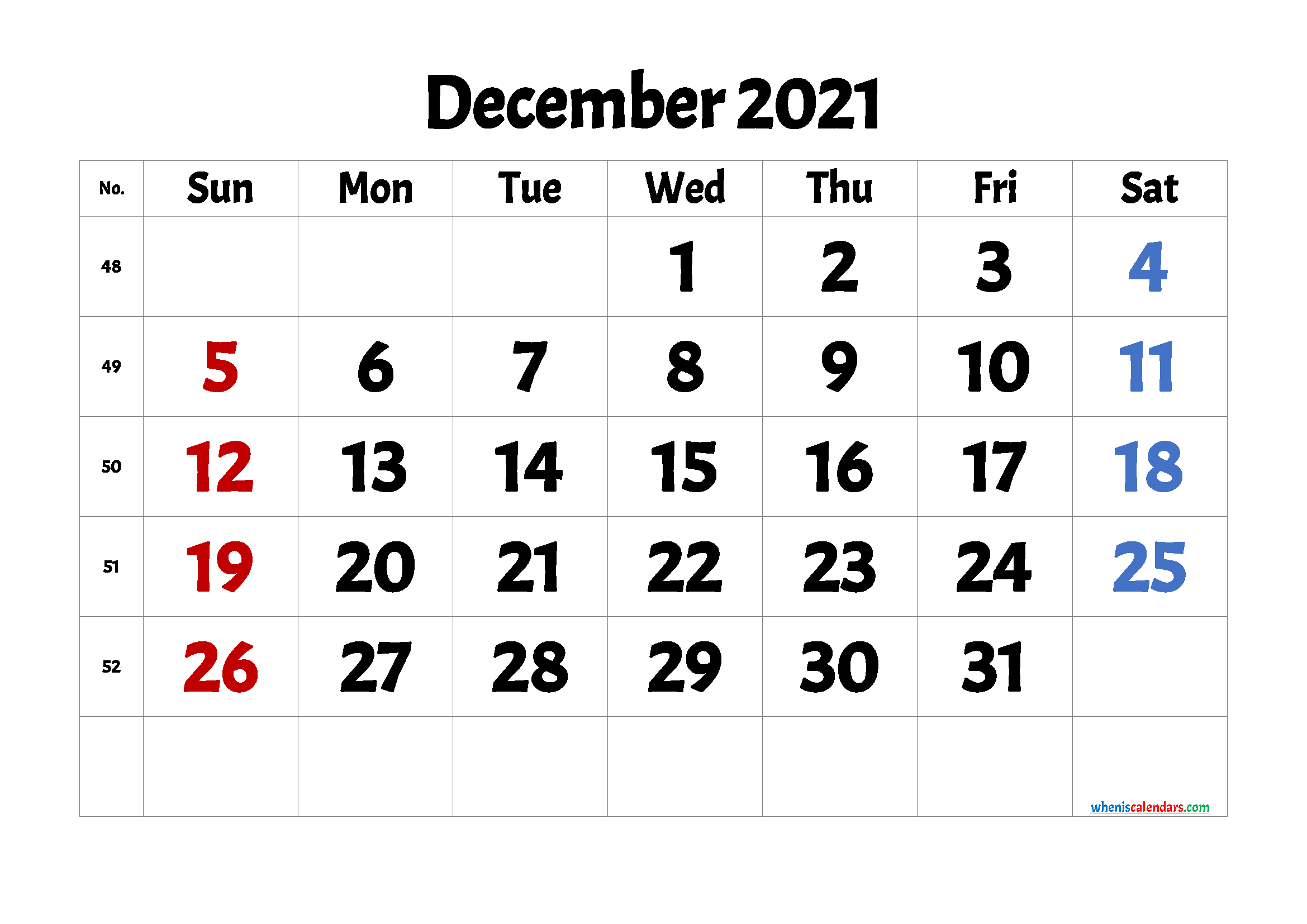 Free December 2021 Calendar Printable