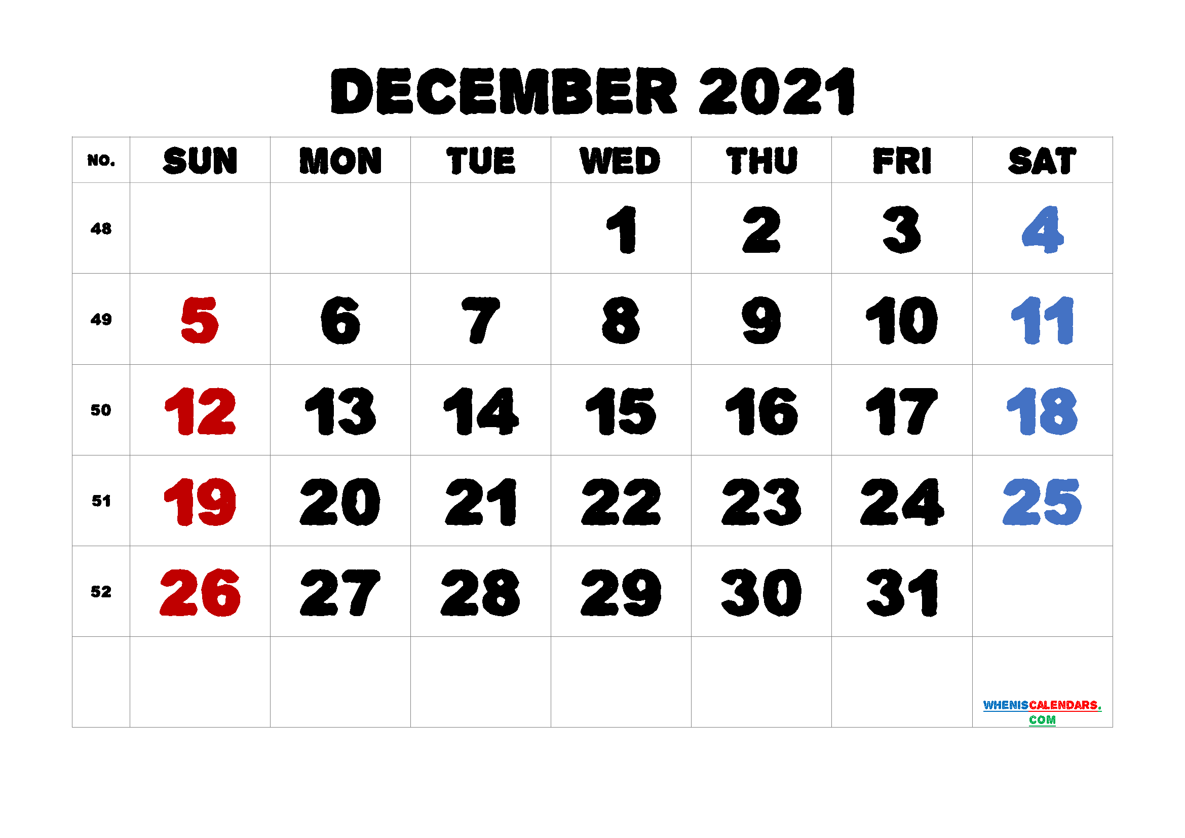 Calendar December 2021 Printable Free