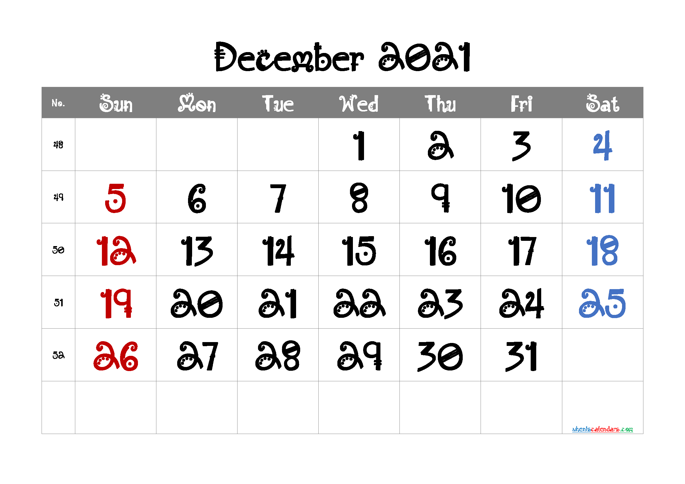 Calendar December 2021 Free Printable