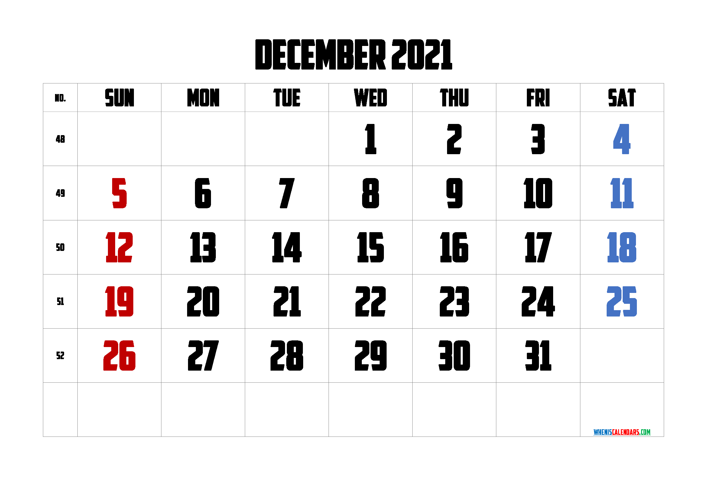 Calendar December 2021 Printable Free