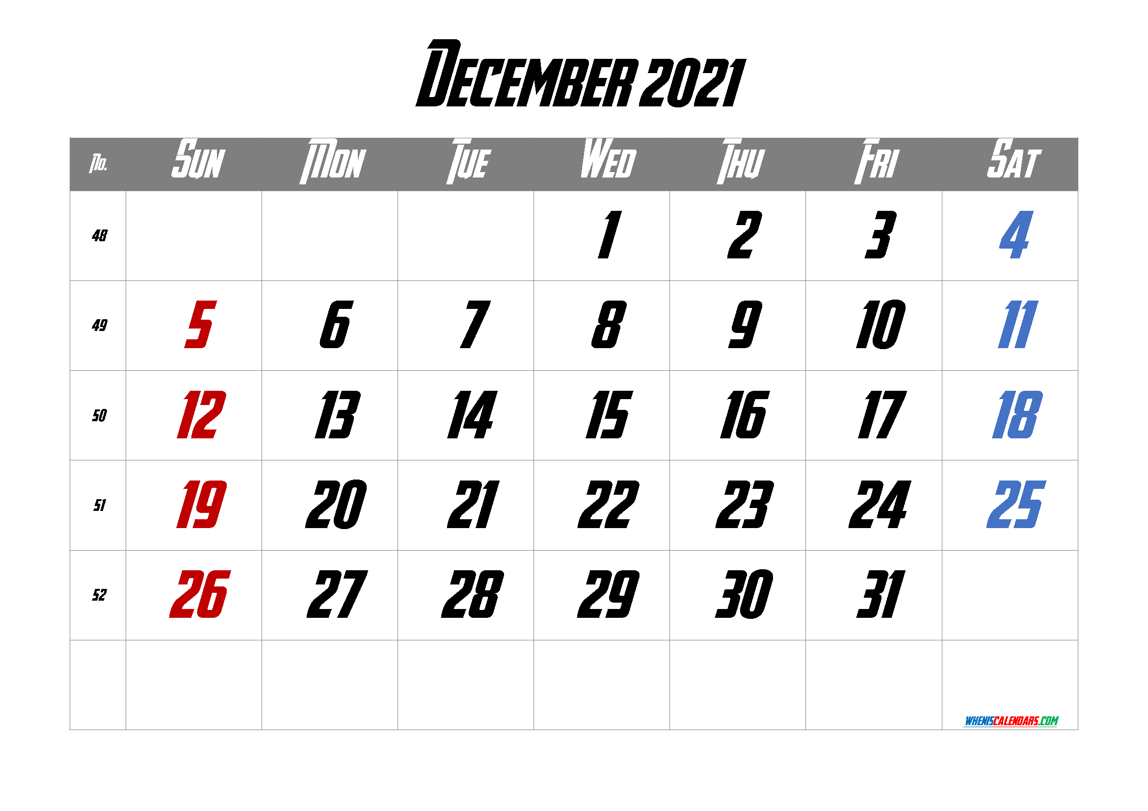 Calendar December 2021 Free Printable