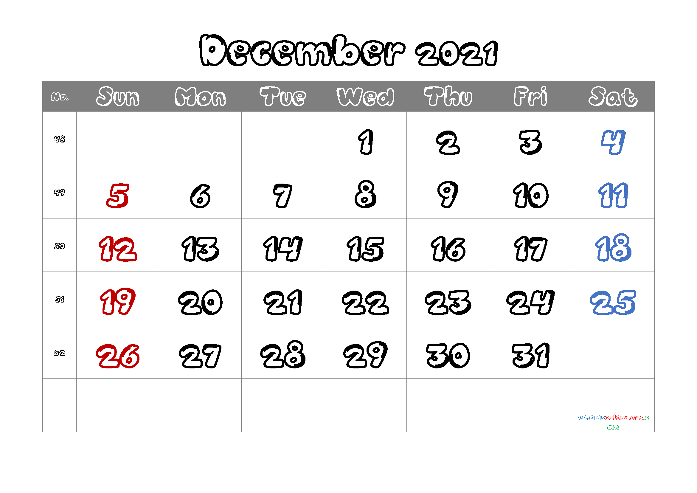 December 2021 Calendar Printable Free
