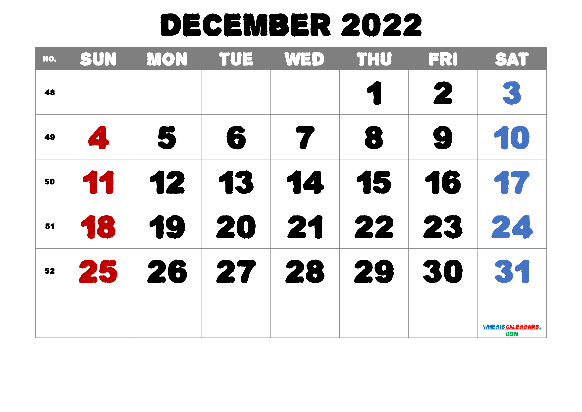 Free December 2022 Calendar Printable