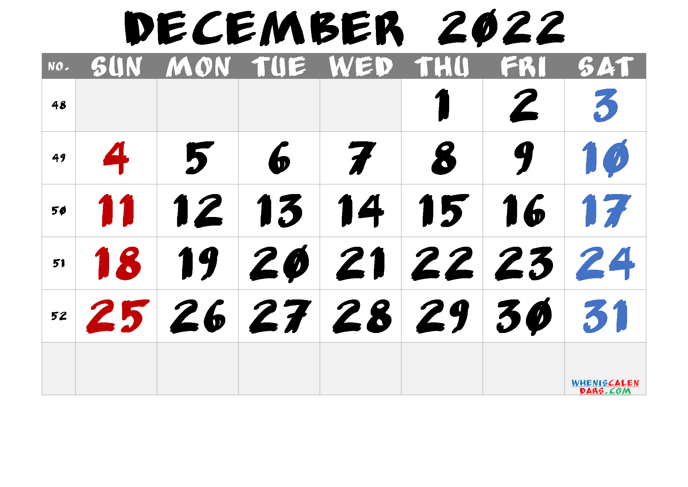 Free Printable 2022 Calendar December