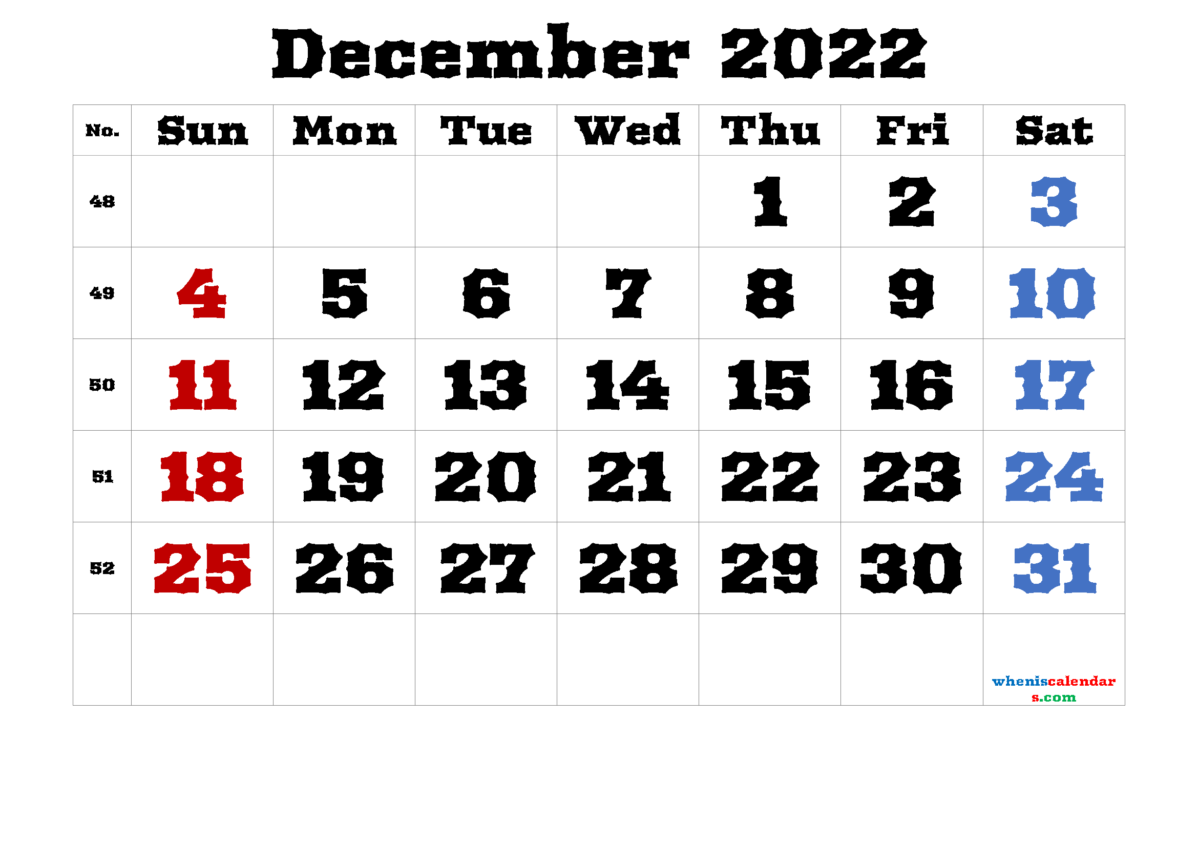 Printable December 2022 Calendar Free