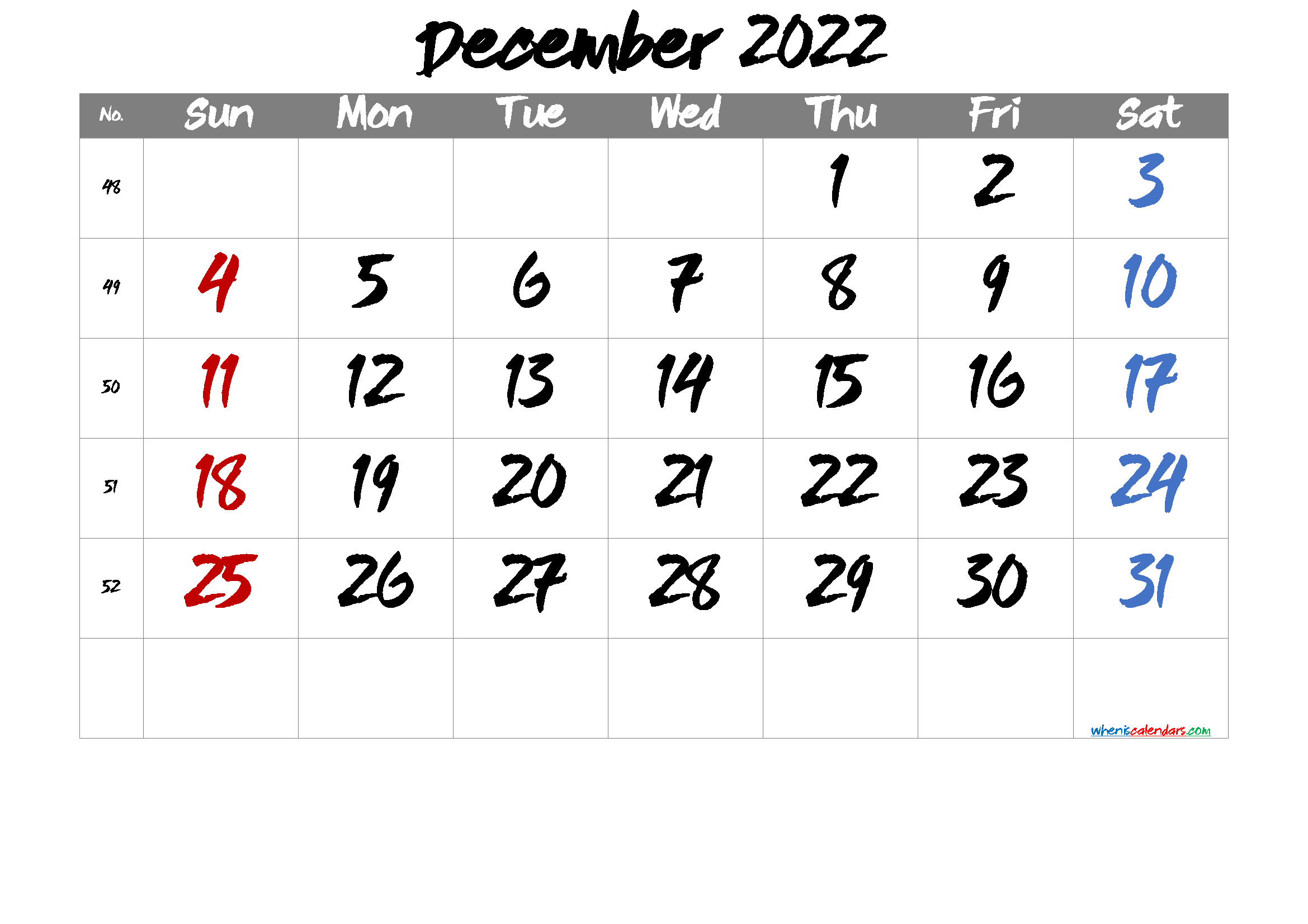 Free Printable December 2022 Calendar
