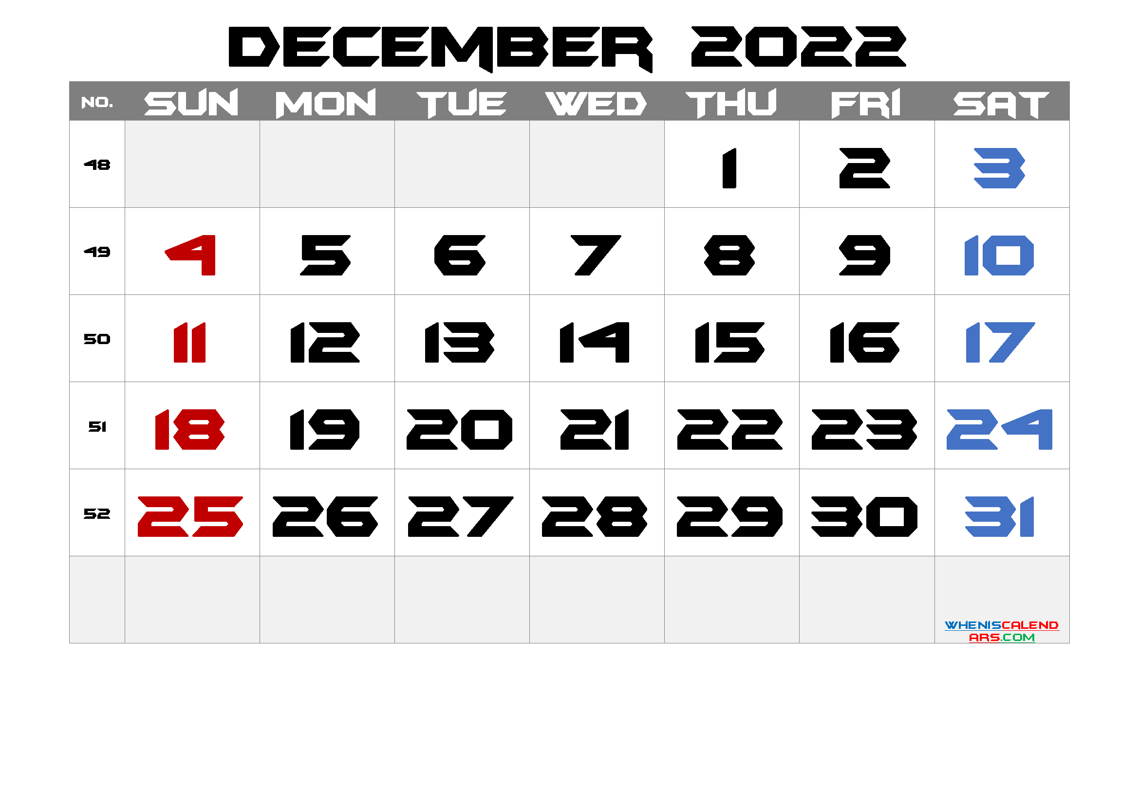 Free December 2022 Calendar with Holidays