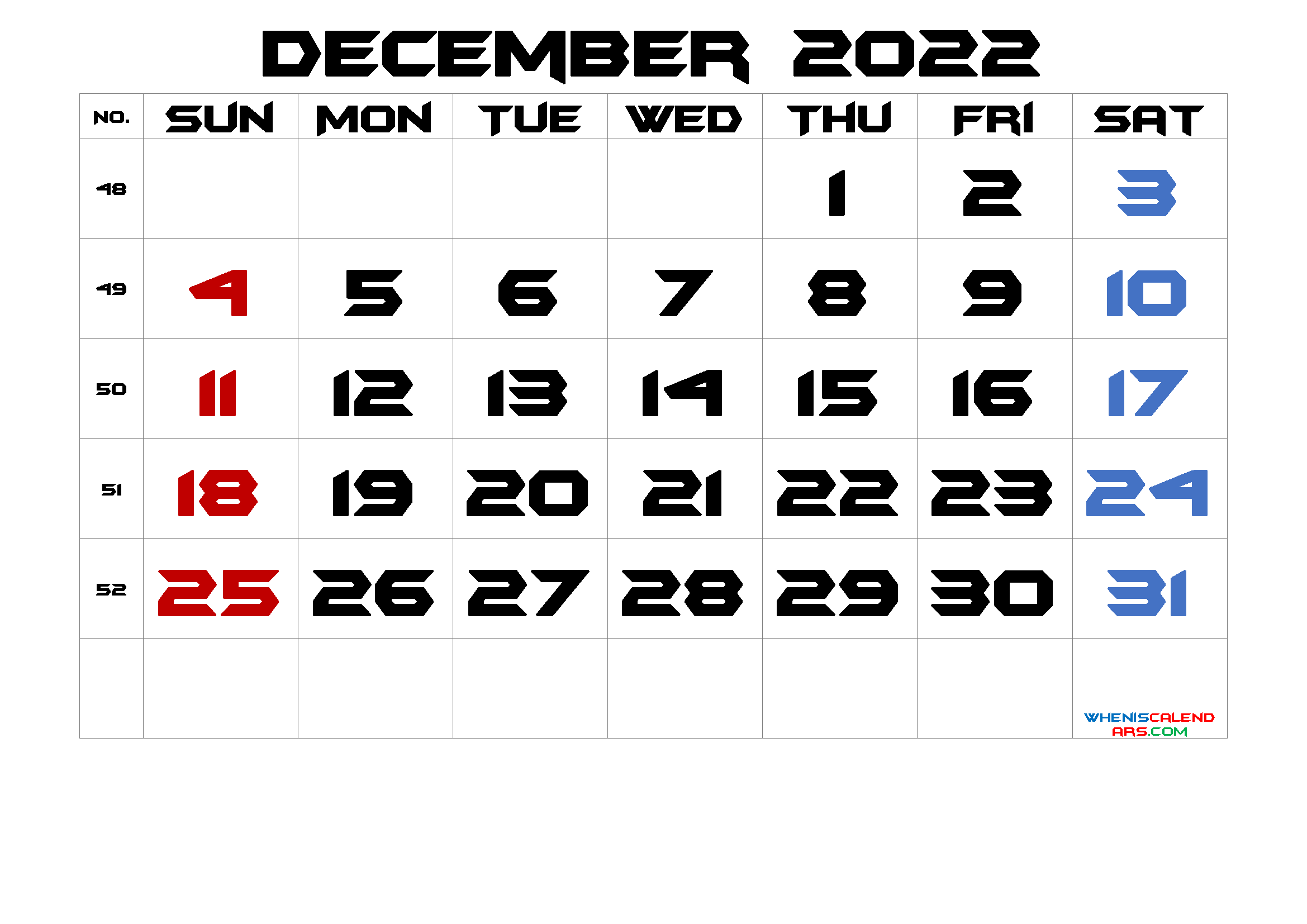 Free Printable December Calendar 2022