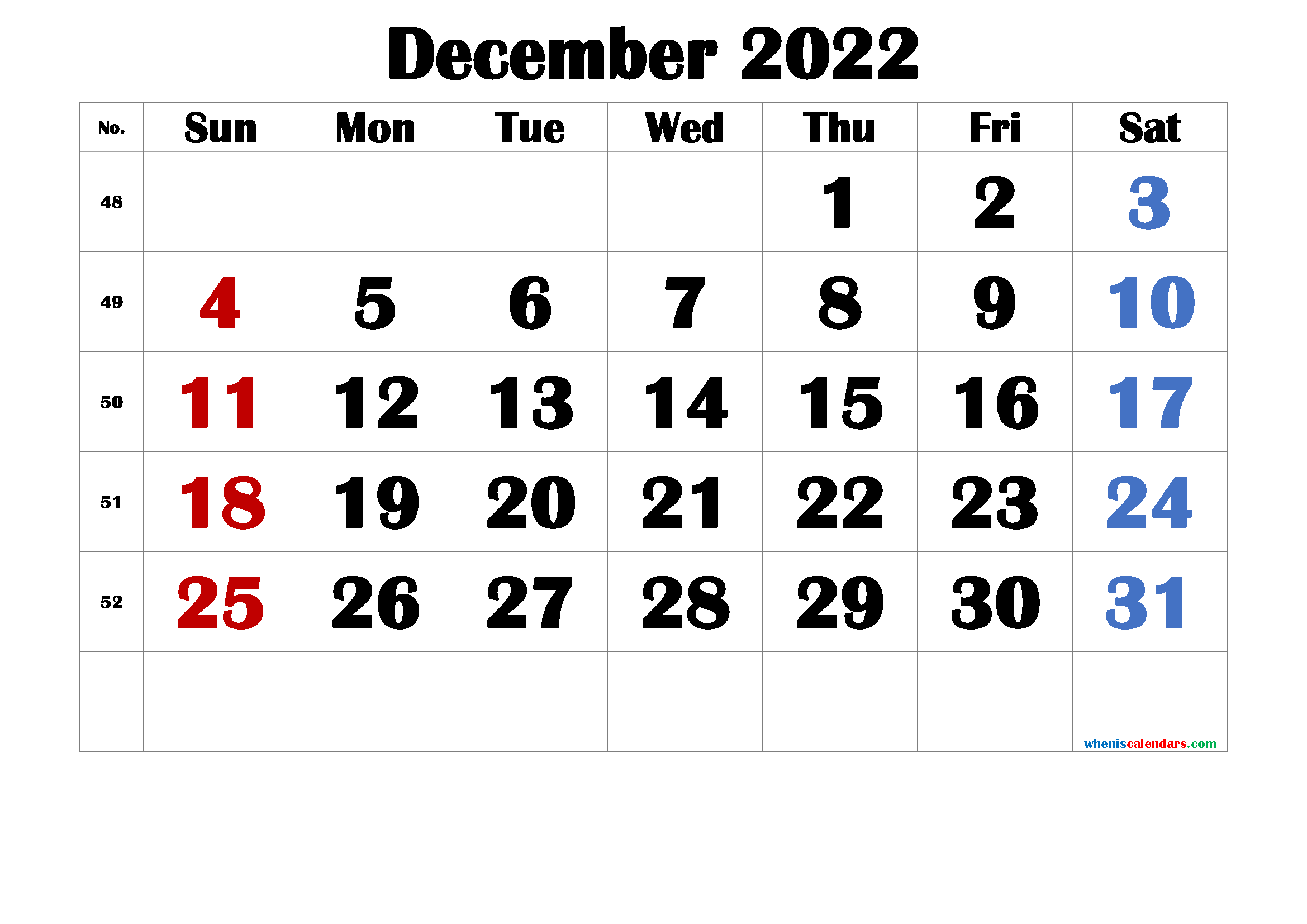 Free Printable December 2022 Calendars
