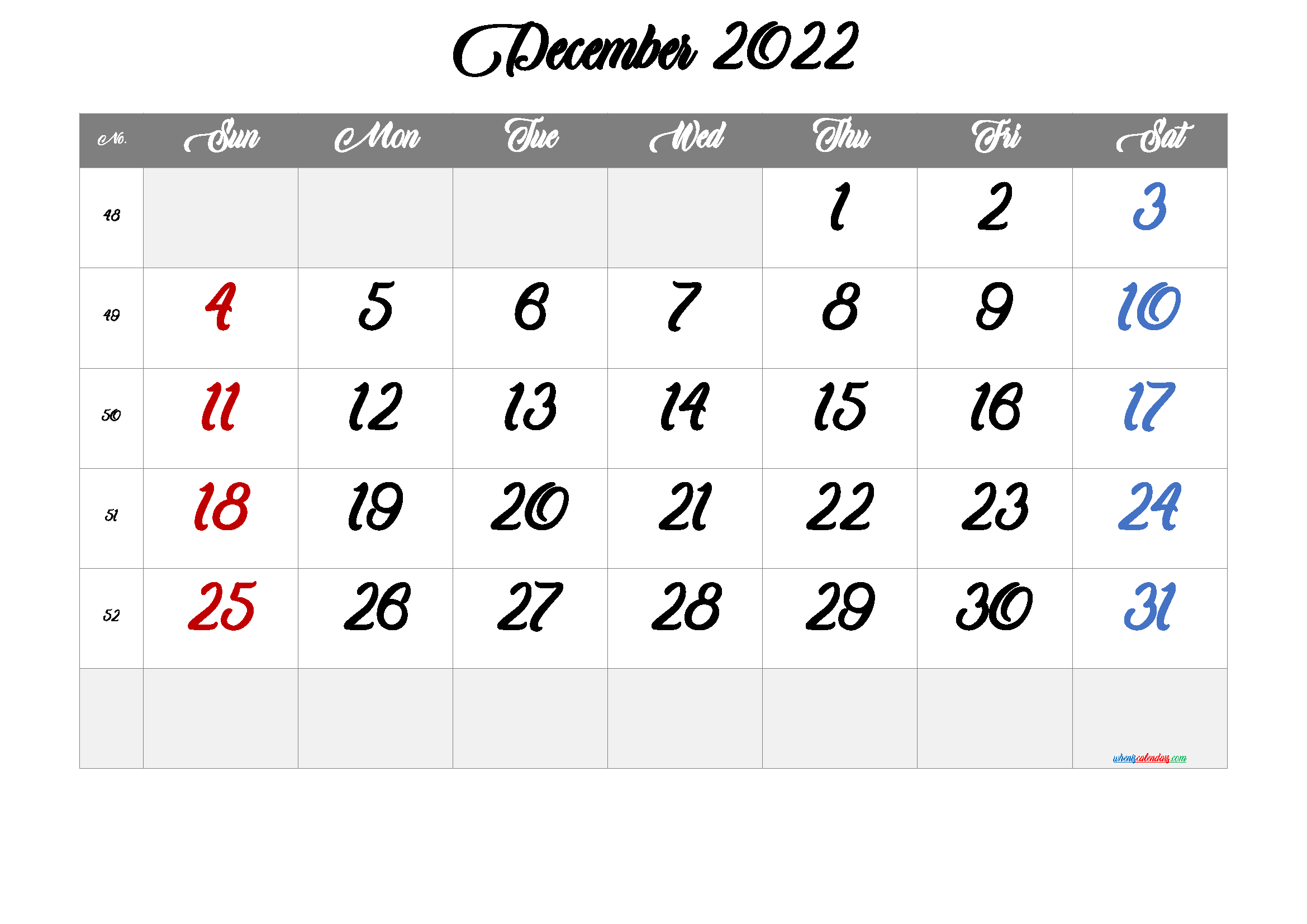 Free December Blank Calendar 2022