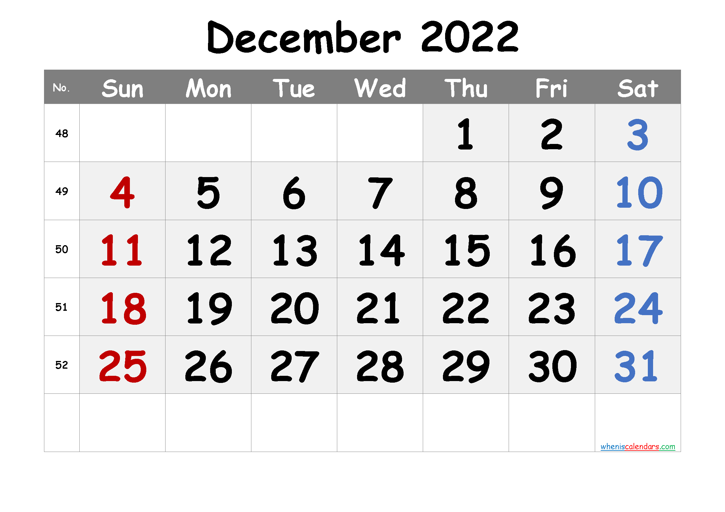 Free December 2022 Calendar Printable Cute