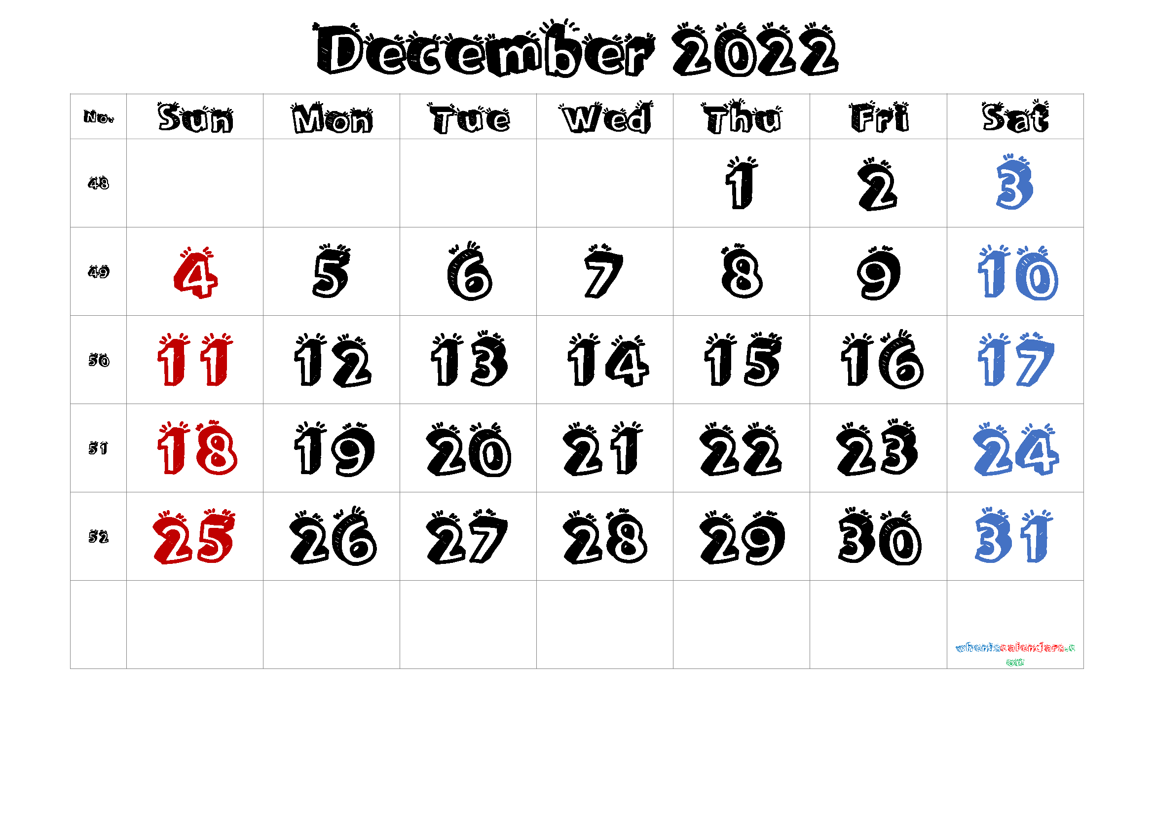 Free December 2022 Calendar with Holidays