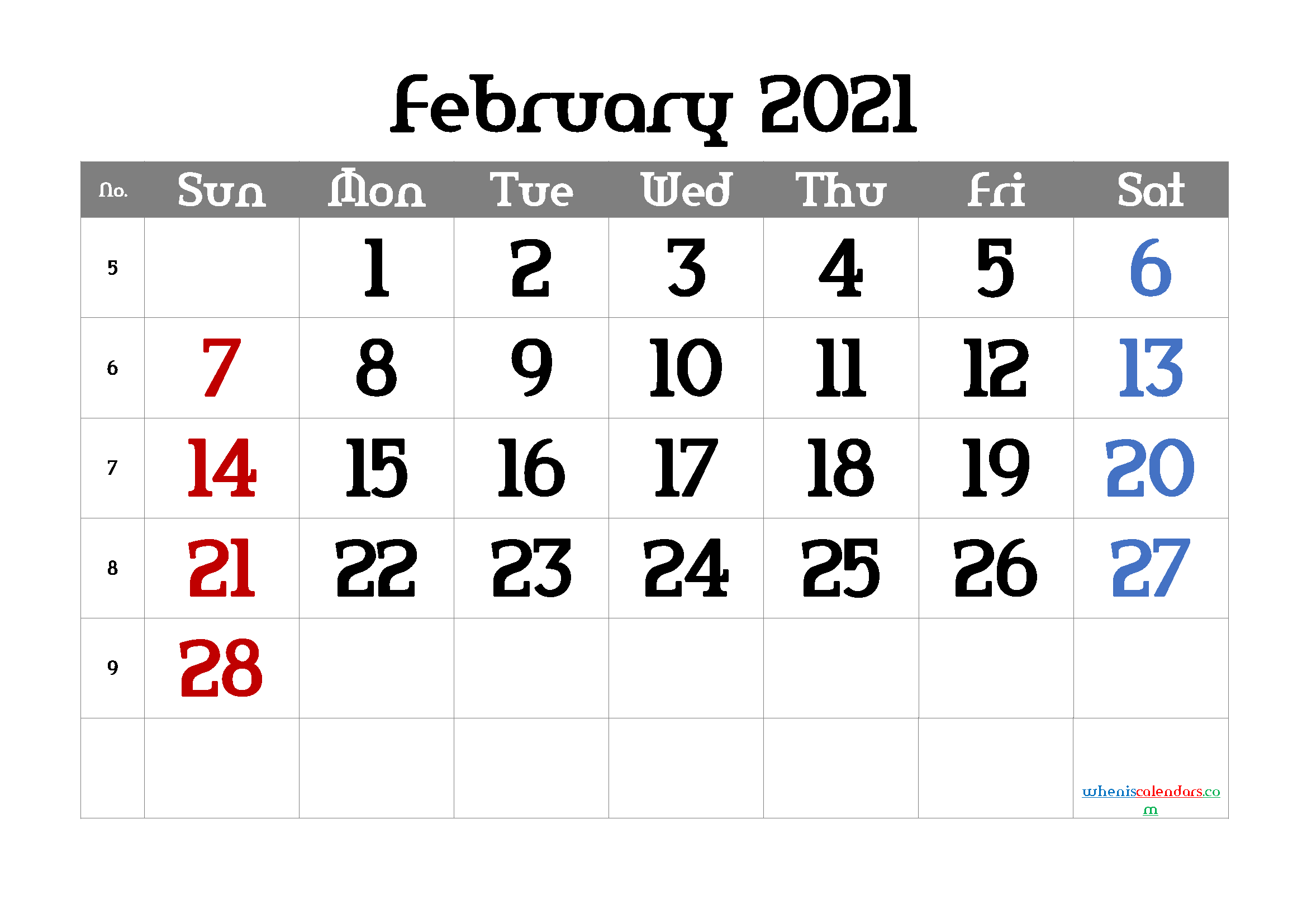Calendar February 2021 Free Printable