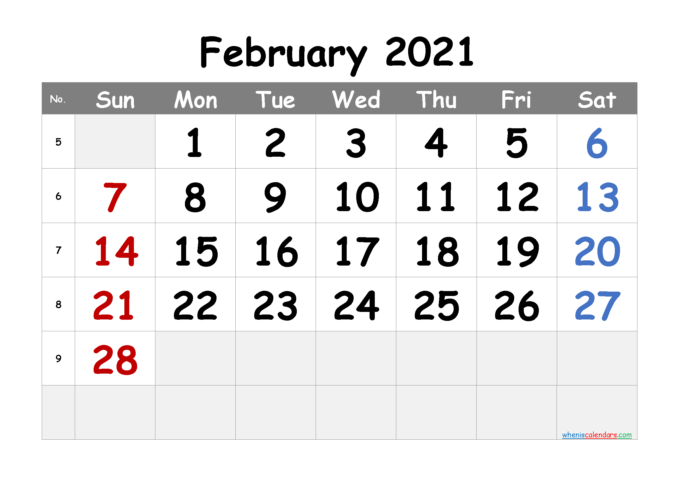 Printable February 2021 Calendar Free