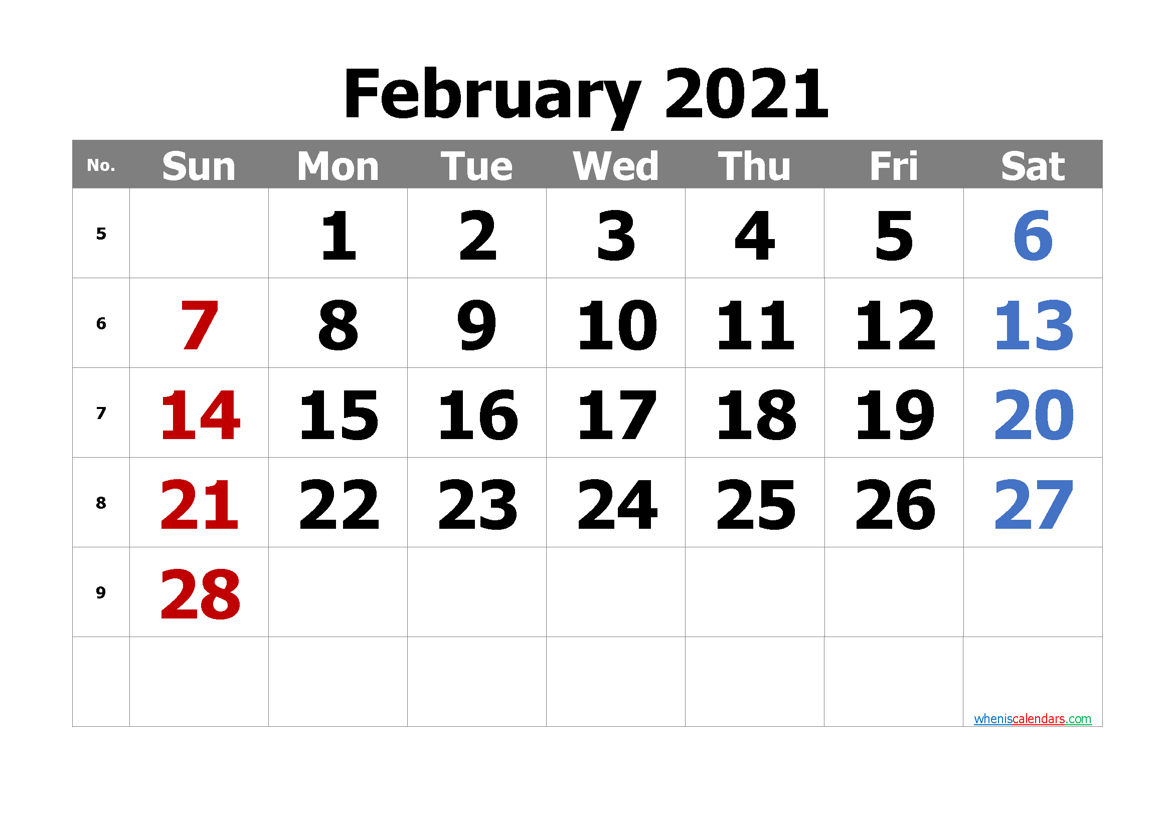 Calendar February 2021 Free Printable