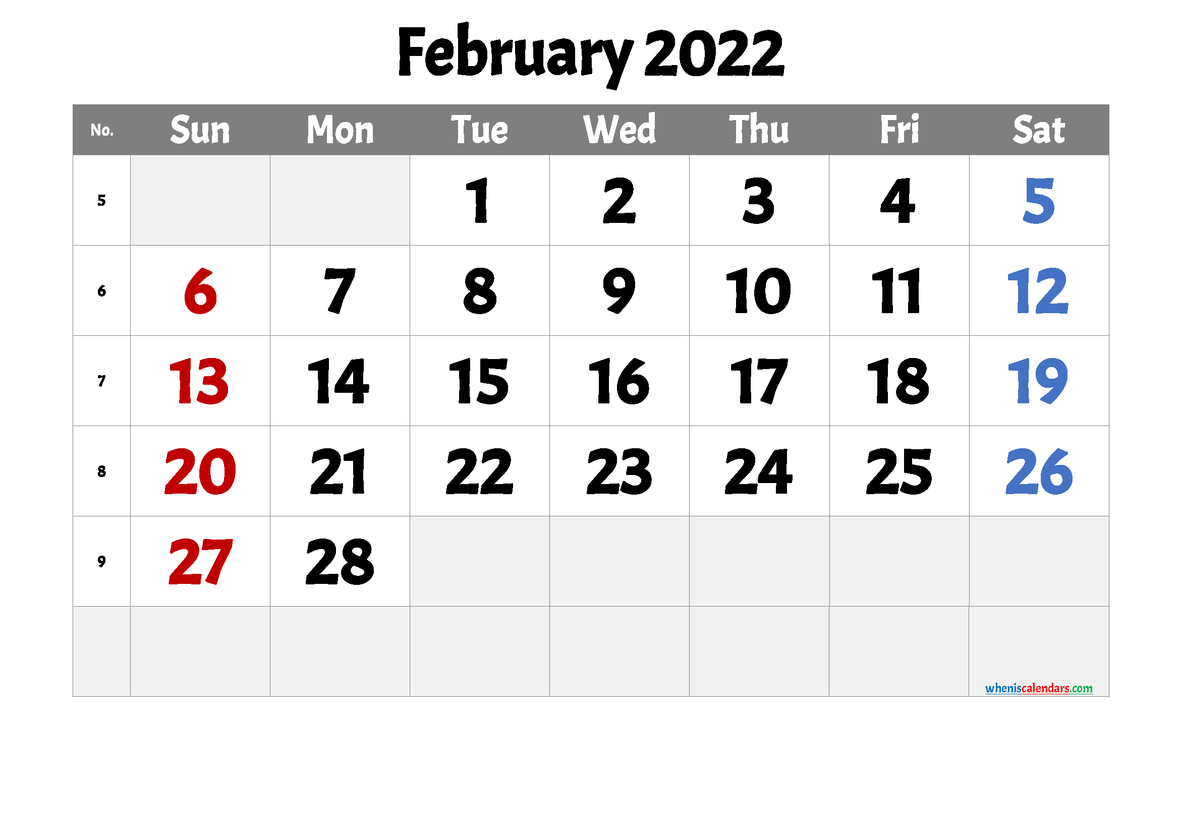 Free Printable February Calendar 2022