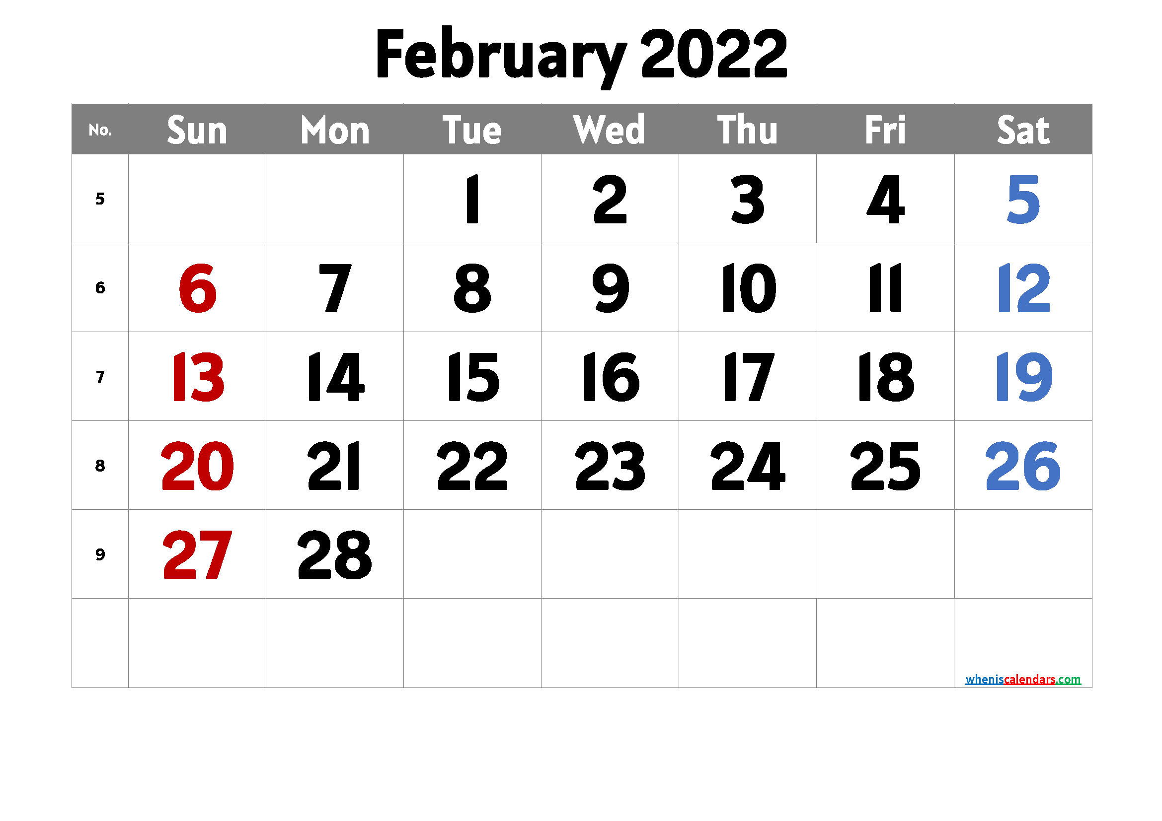 Free February 2022 Calendar Printable Cute