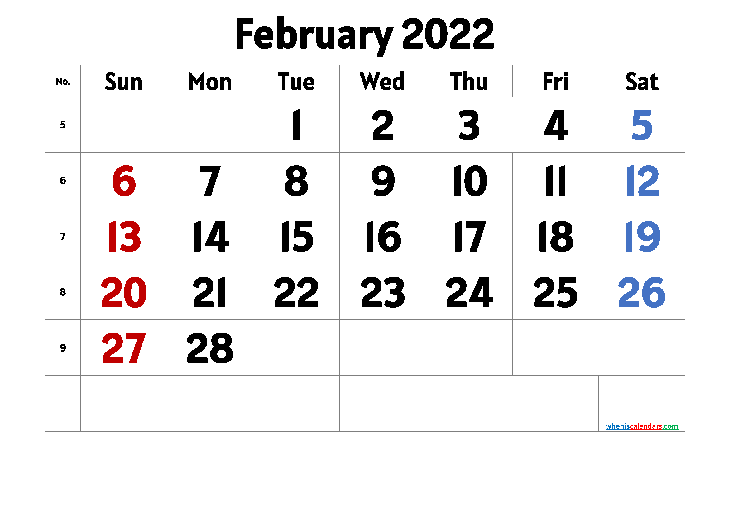 Free Printable 2022 Calendar February