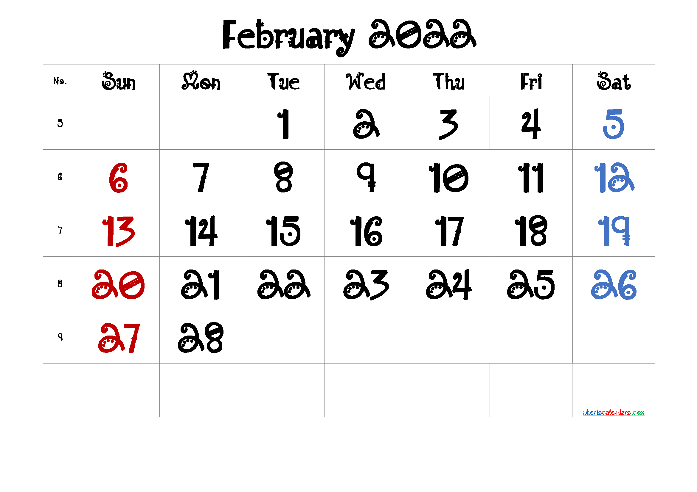 Free February Blank Calendar 2022