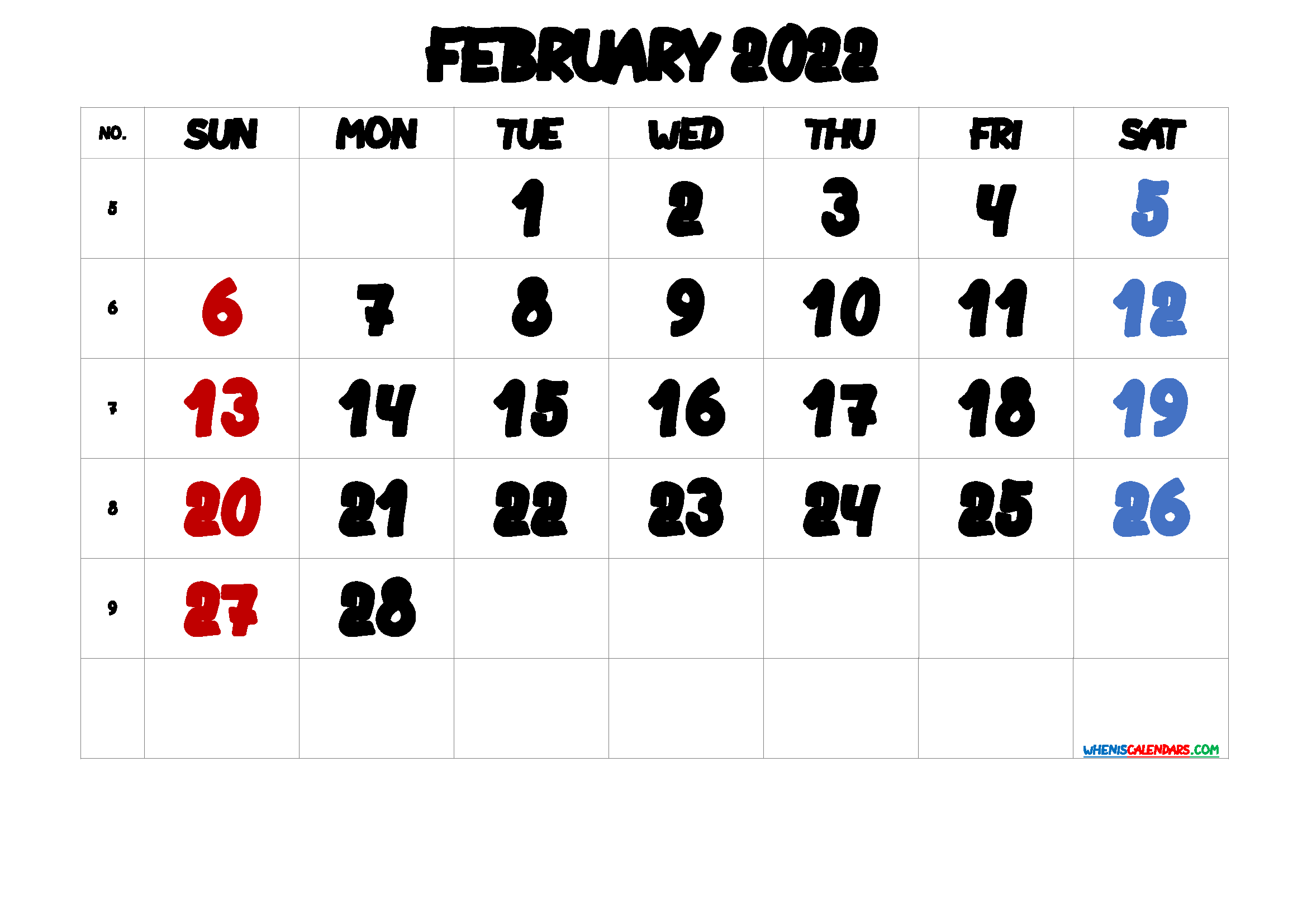 Free Cute February 2022 Calendar