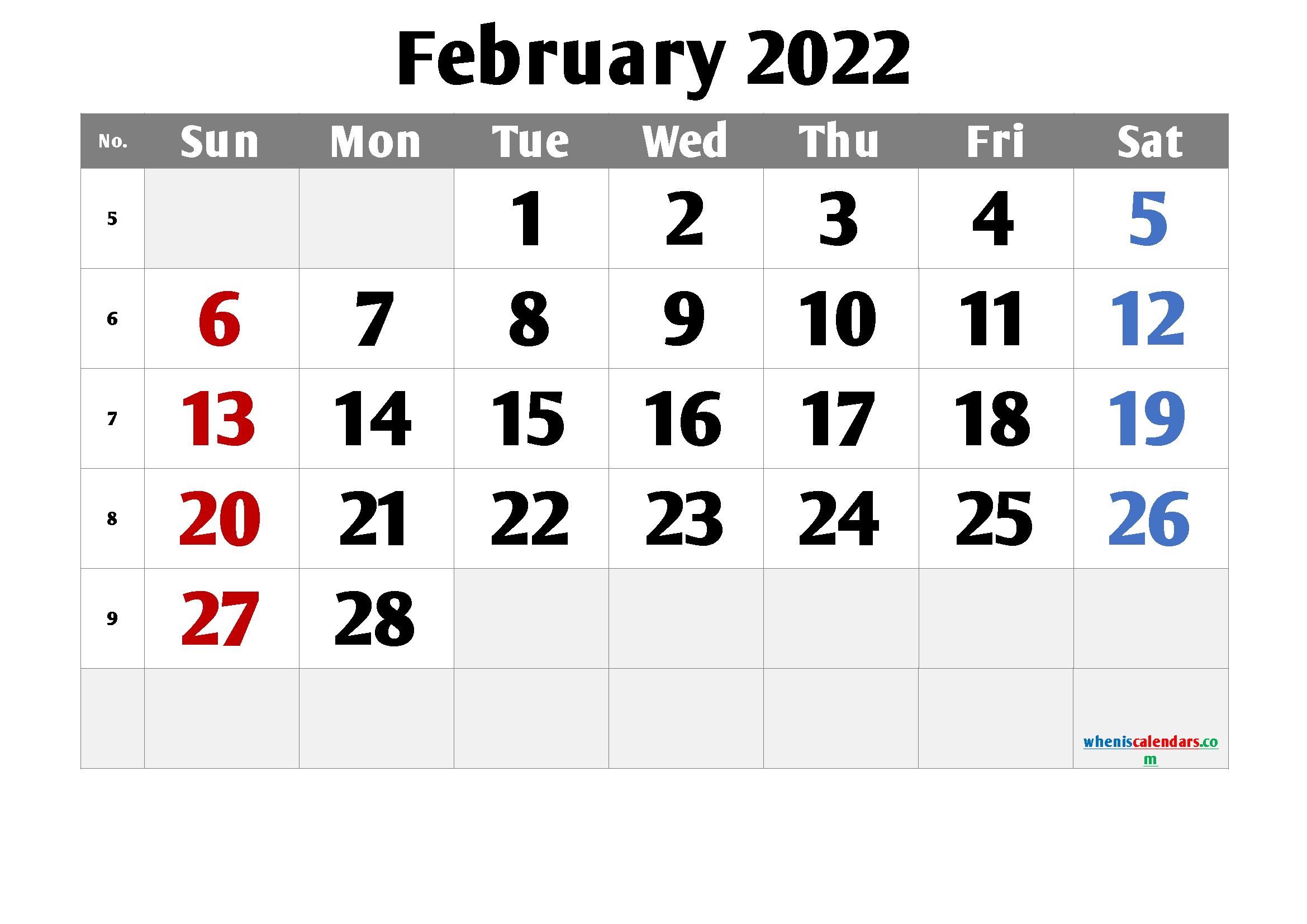 Printable February 2022 Calendar Free
