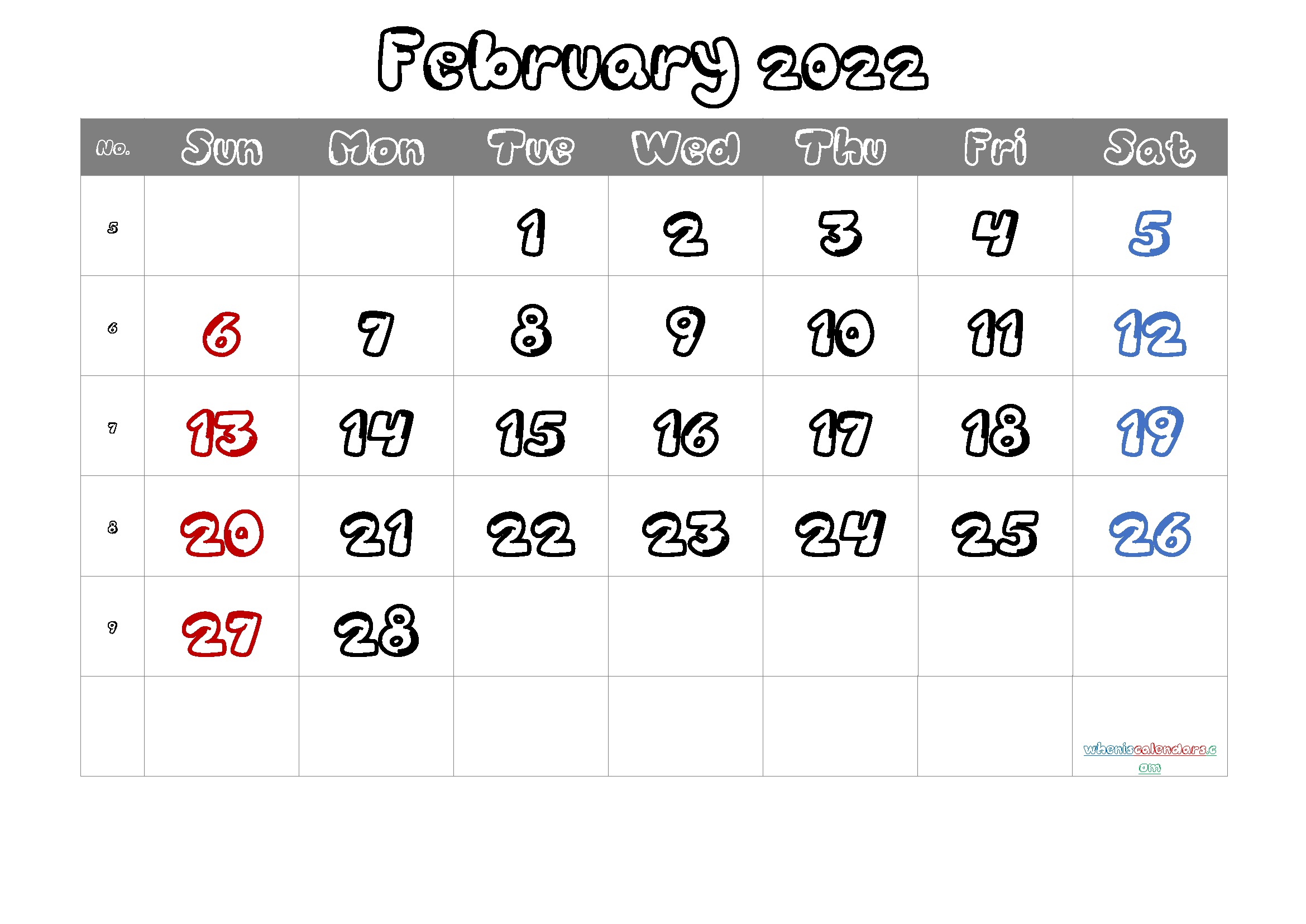 Free February 2022 Printable Calendar