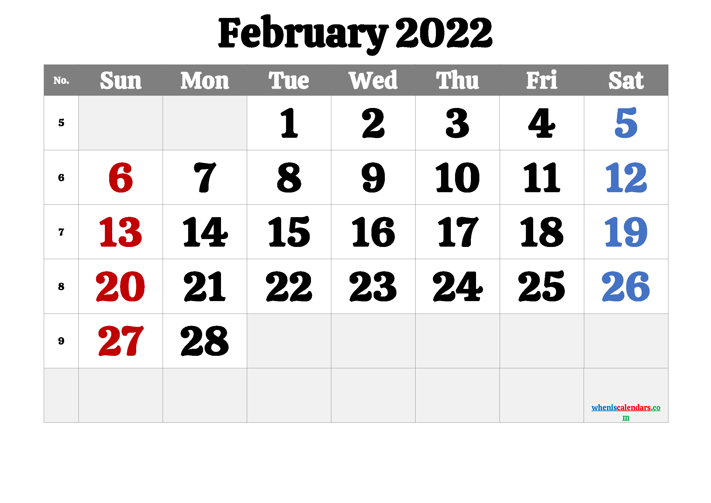 Free February 2022 Calendar with Holidays