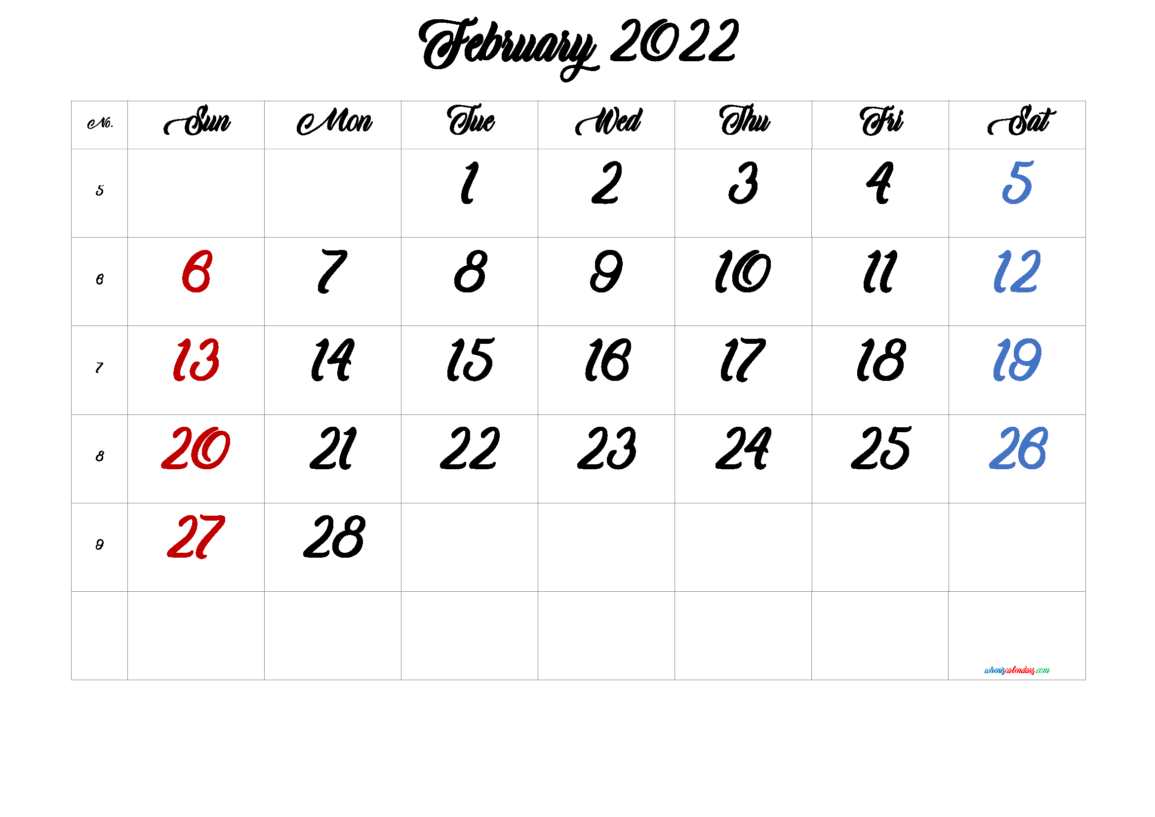 Free February Blank Calendar 2022