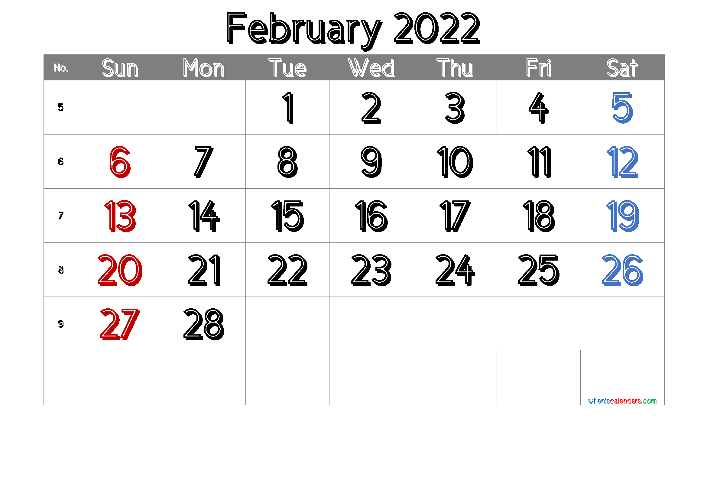 Free Blank Calendar February 2022