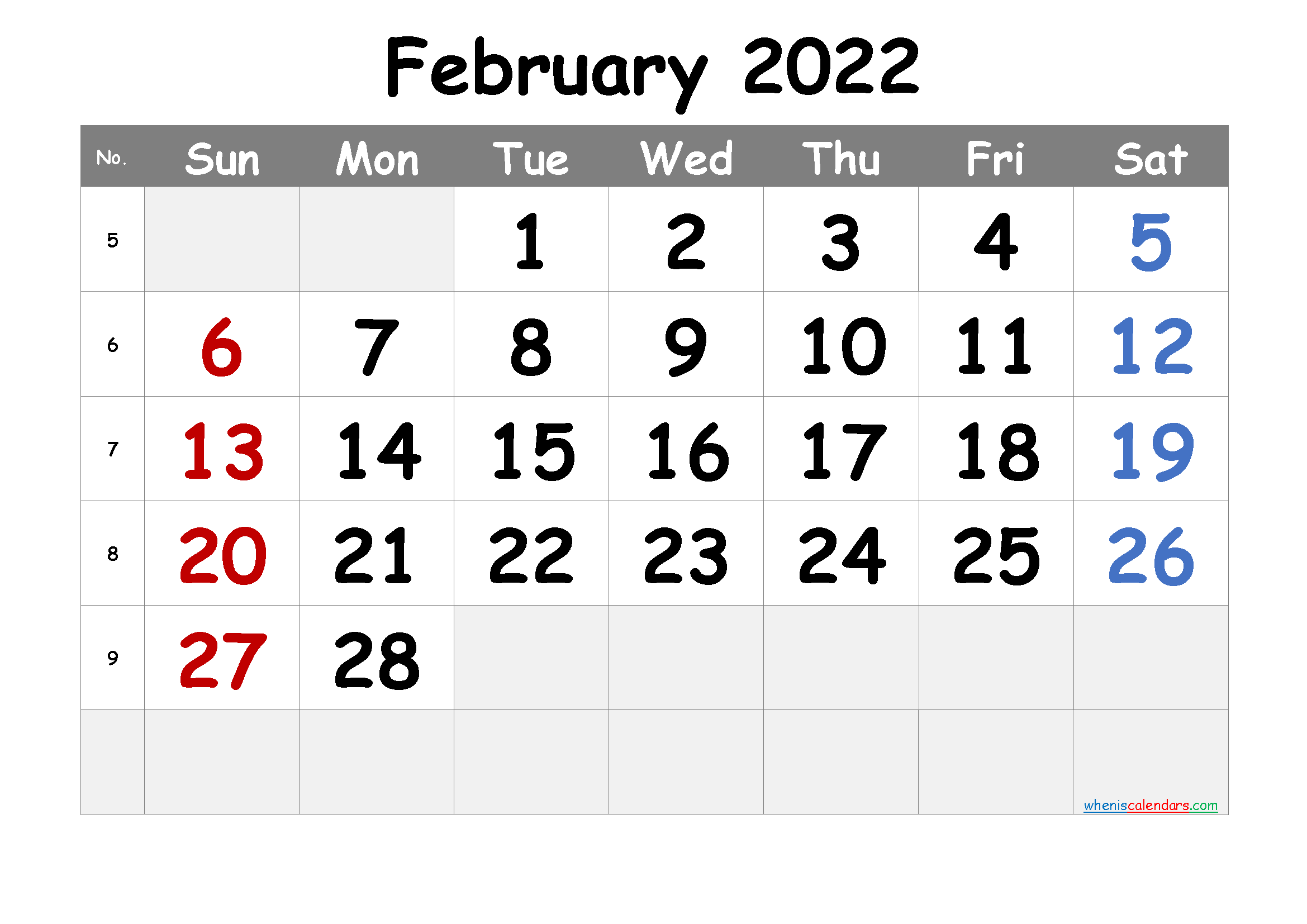 Free Printable February Calendar 2022