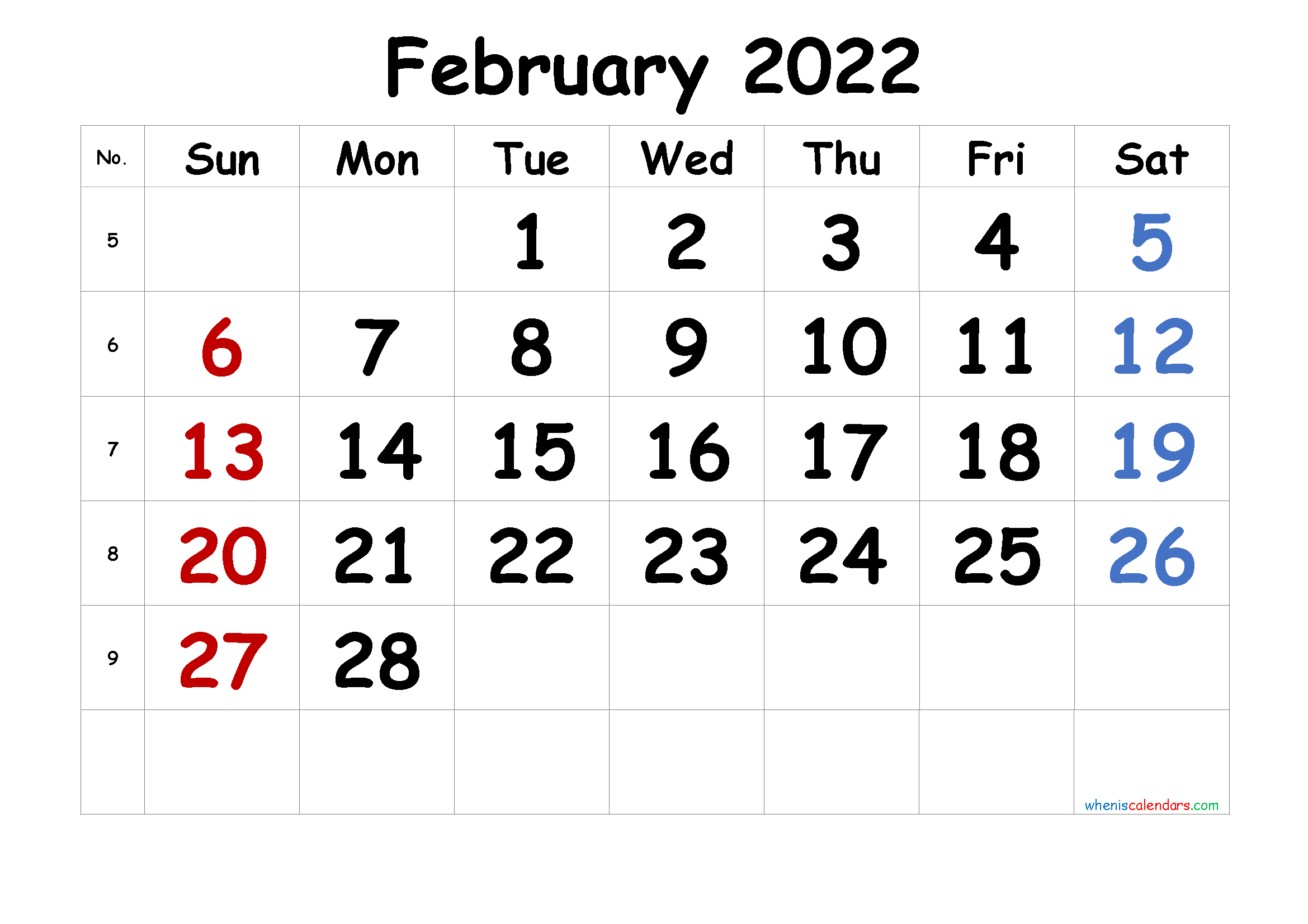 Free Cute February 2022 Calendar
