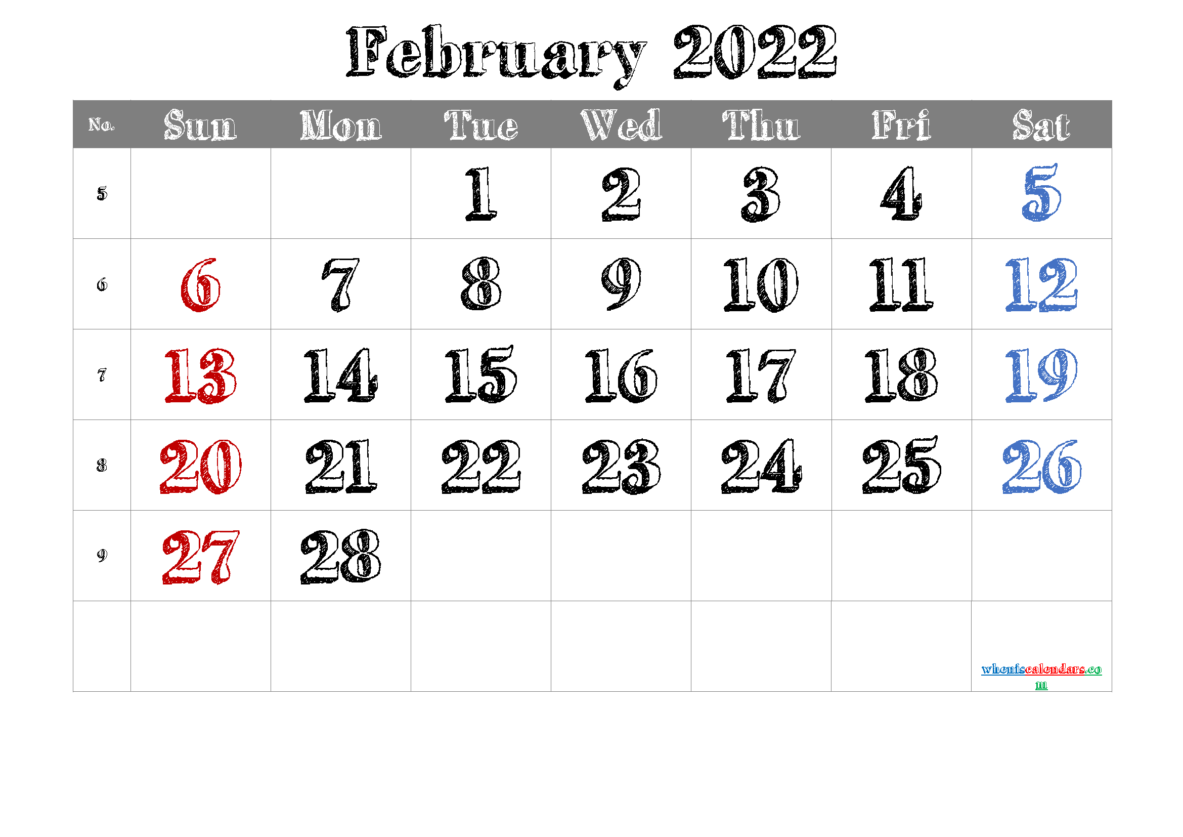 Free February 2022 Calendar Printable Cute