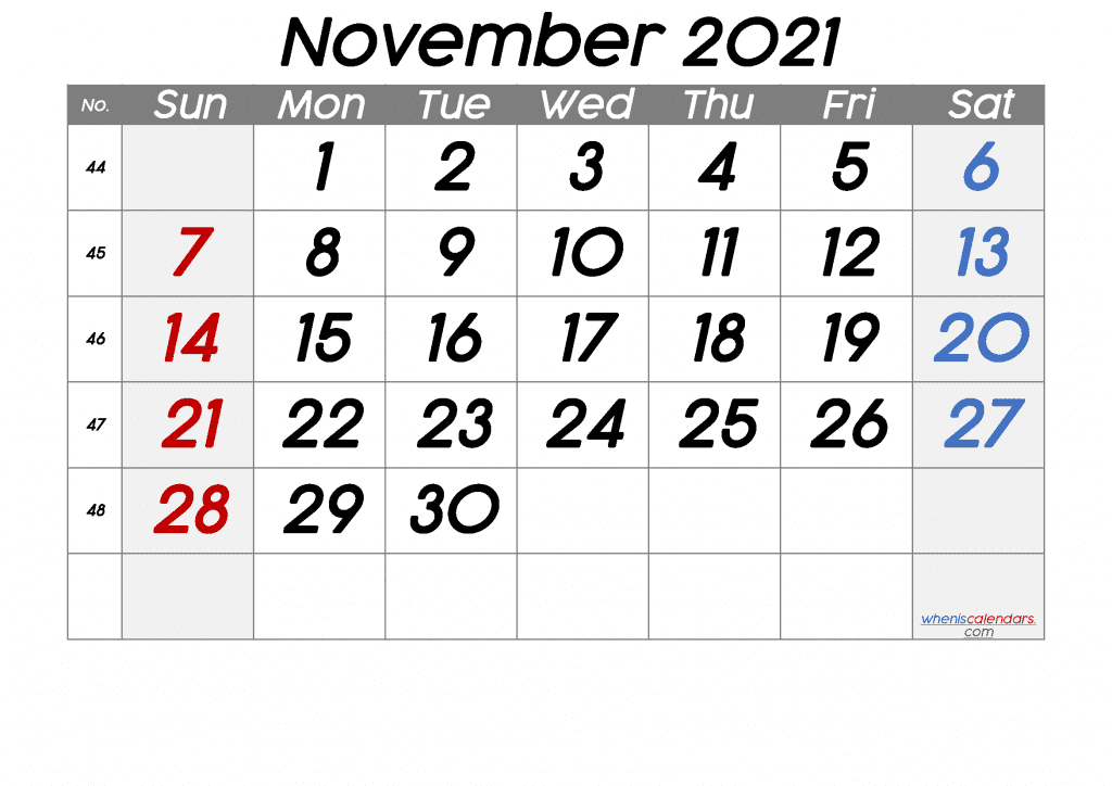 Free Printable November 2021 Calendar as PDF and high resolution PNG image
