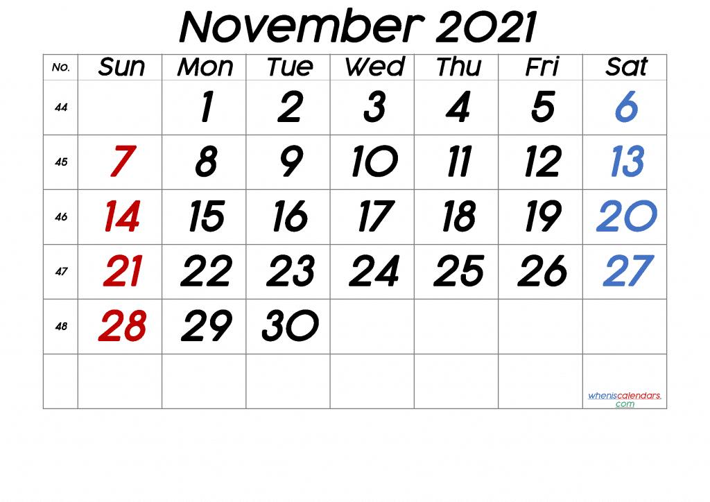 Free Printable November 2021 Calendar as PDF and high resolution PNG image