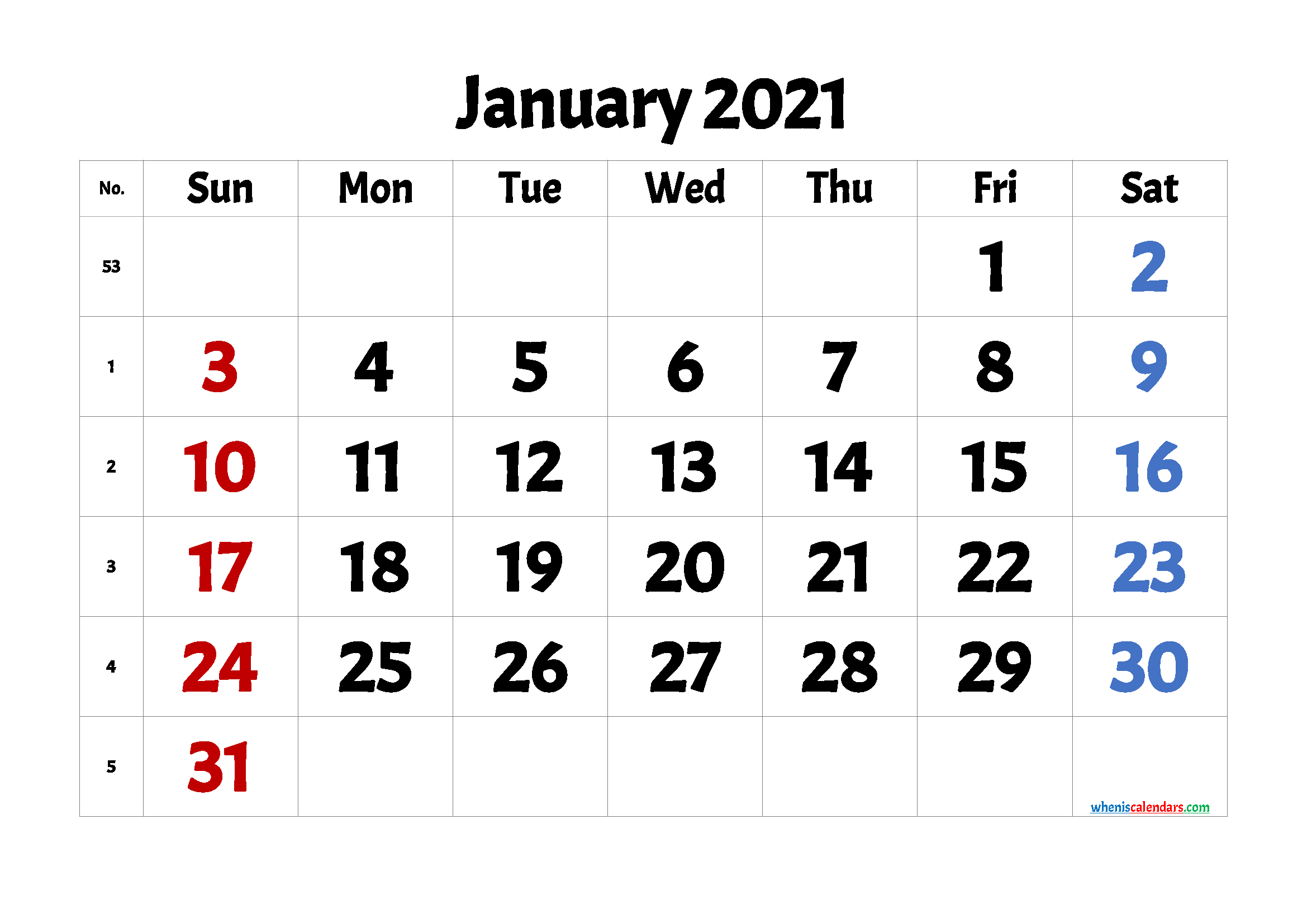 Free January 2021 Calendar Printable