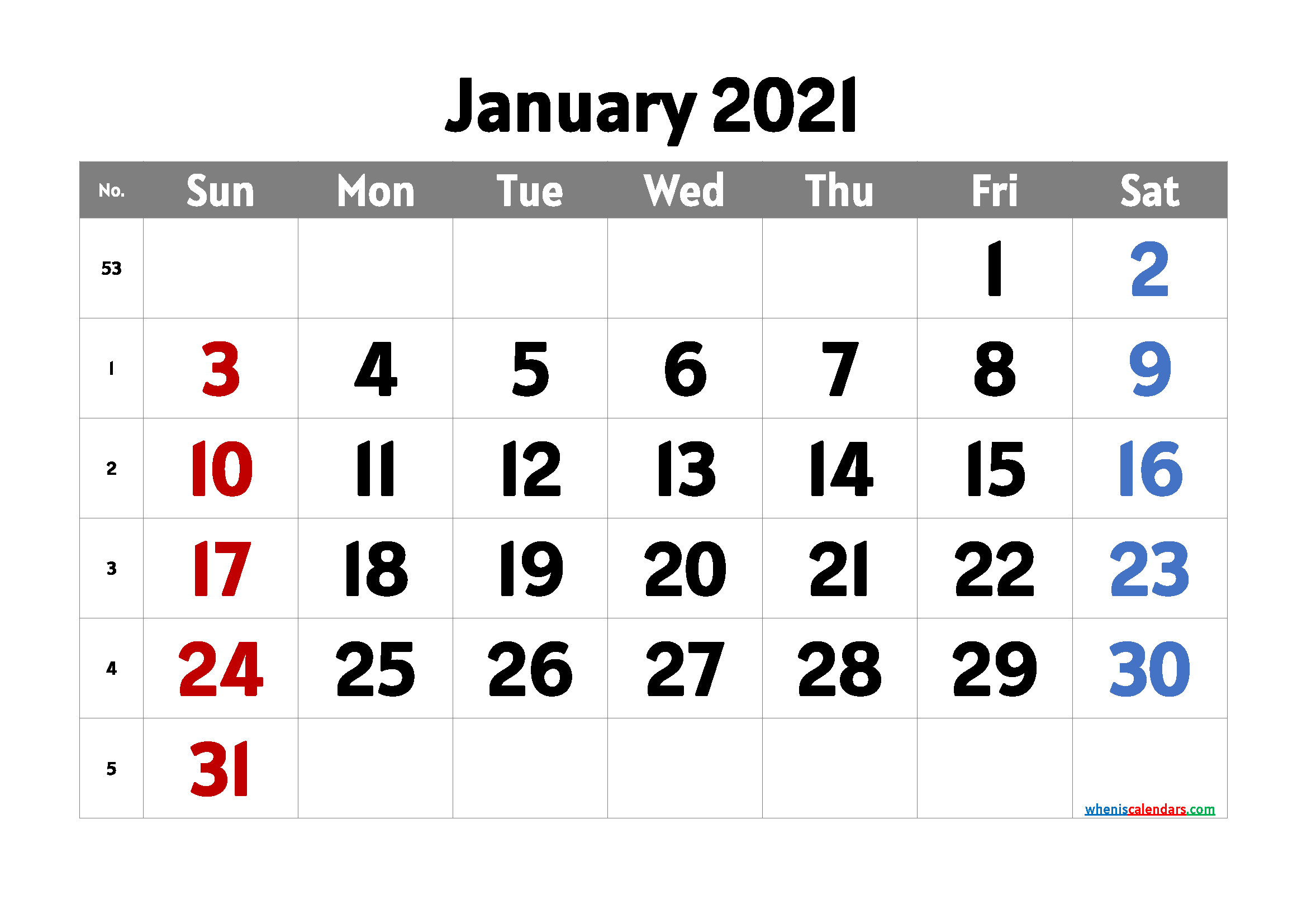 January 2021 Calendar Printable Free