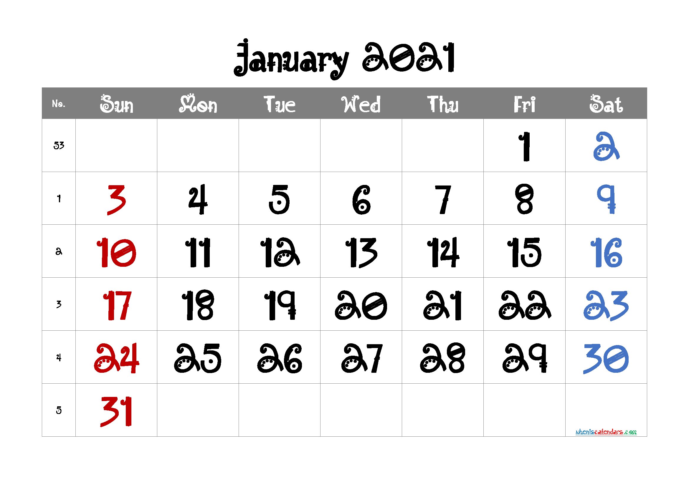 Calendar January 2021 Free Printable