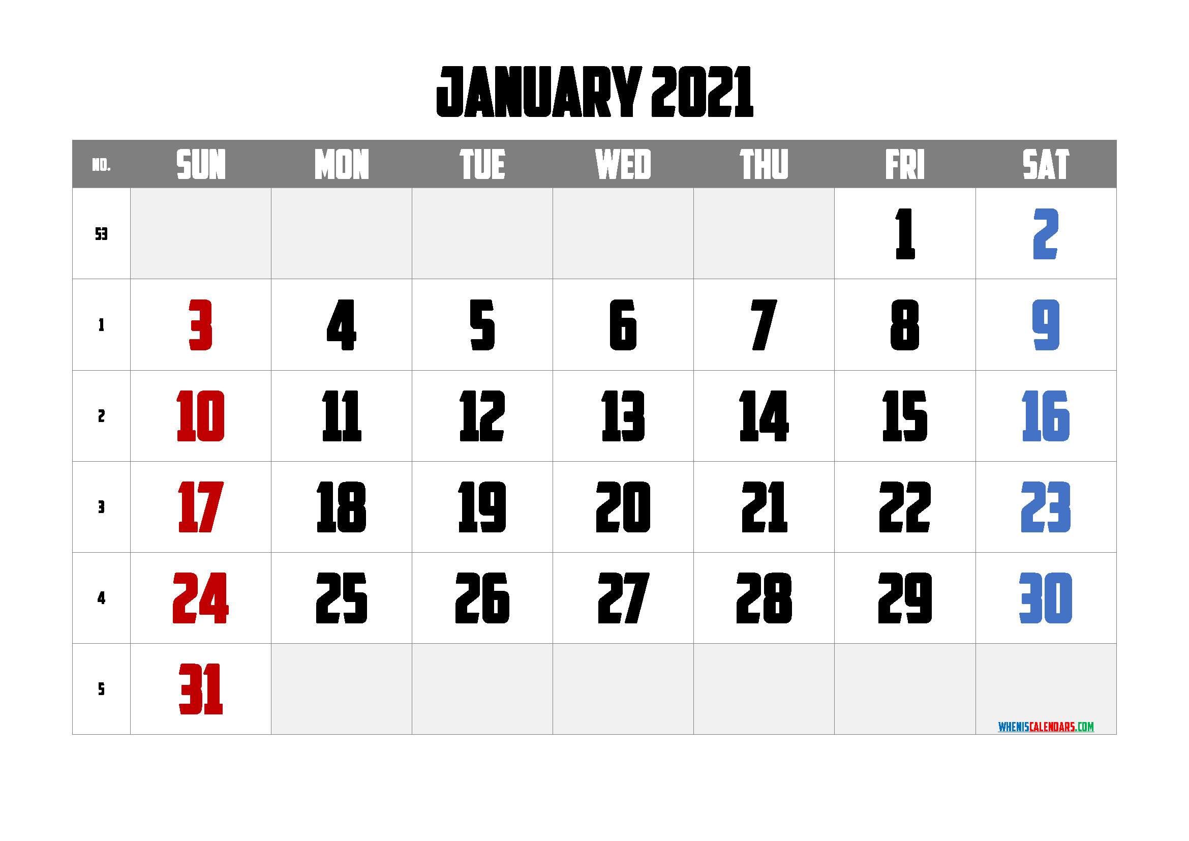 Printable January 2021 Calendar PDF