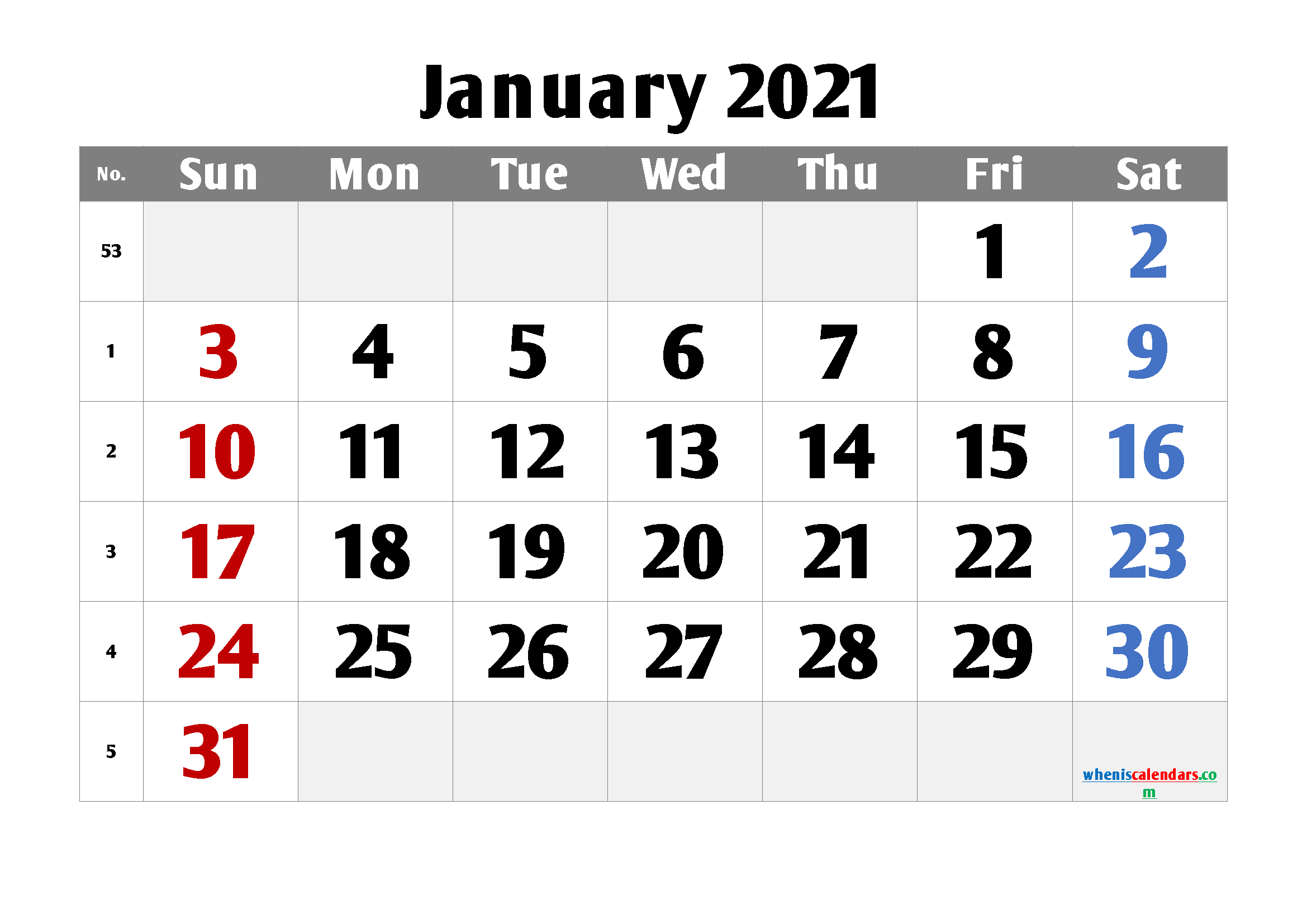 Printable January 2021 Calendar PDF