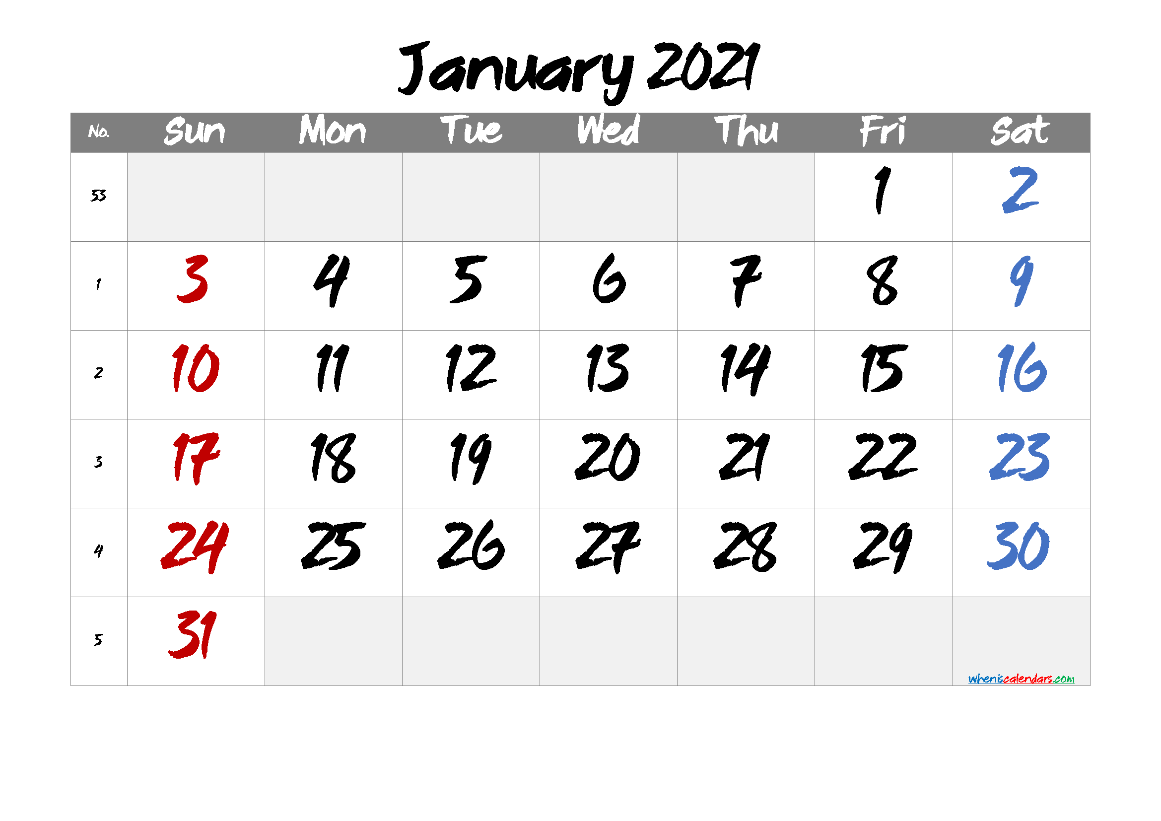 Printable January 2021 Calendar Free