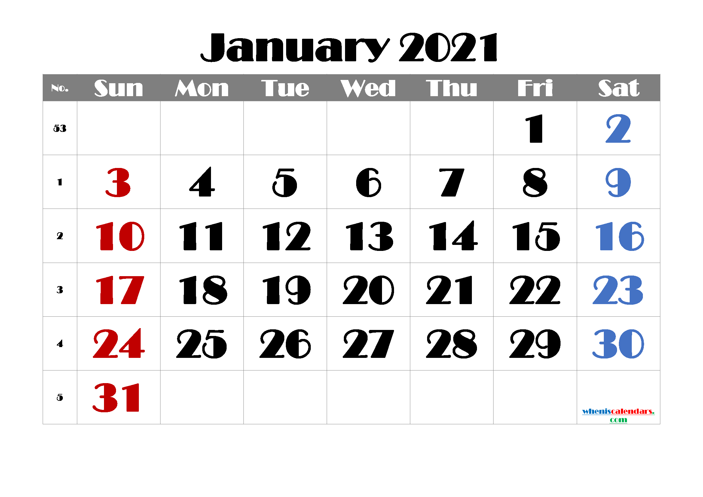 Free Printable January 2021 Calendar
