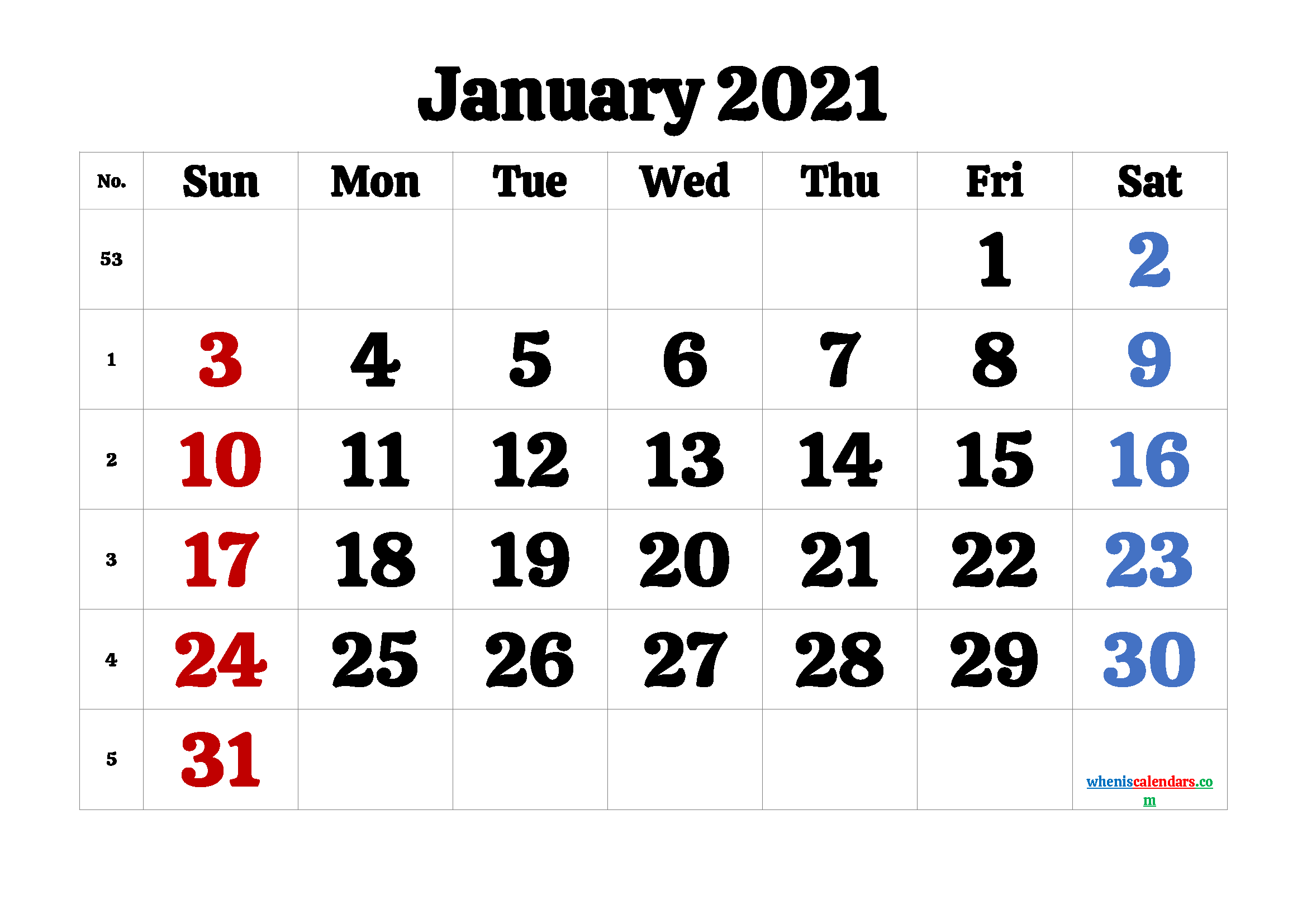 Calendar January 2021 Printable Free