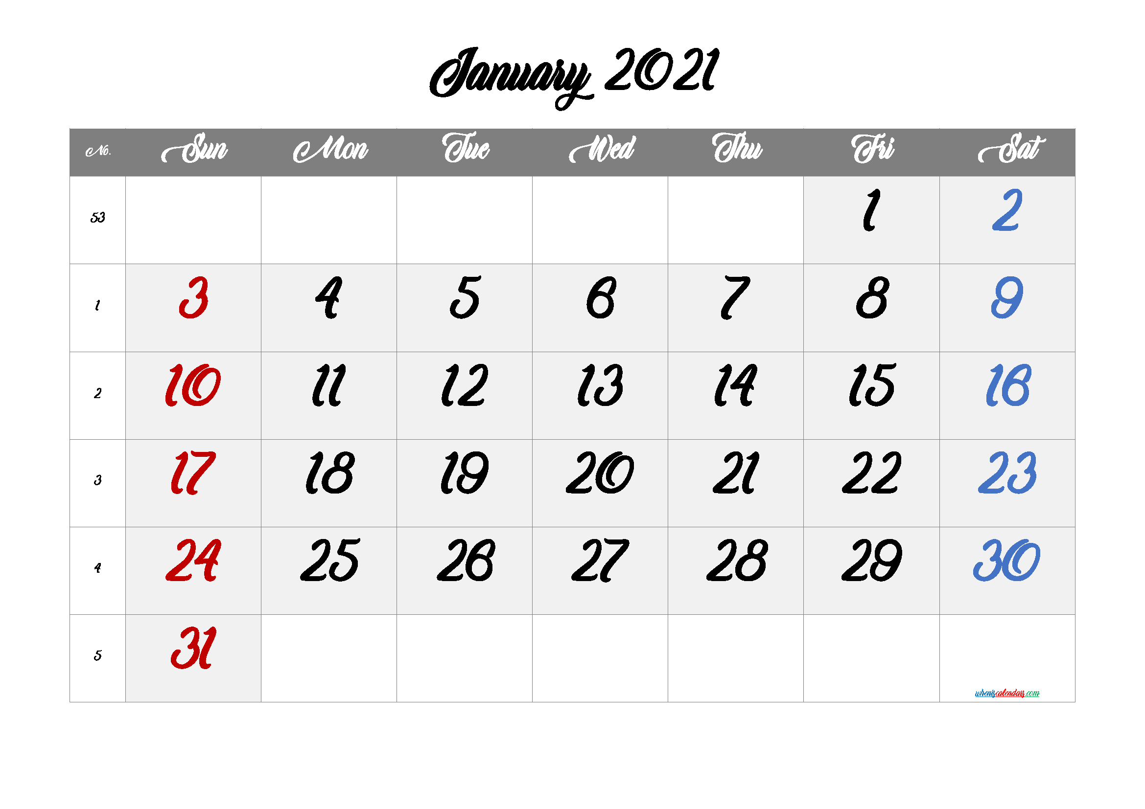 Editable January 2021 Calendar