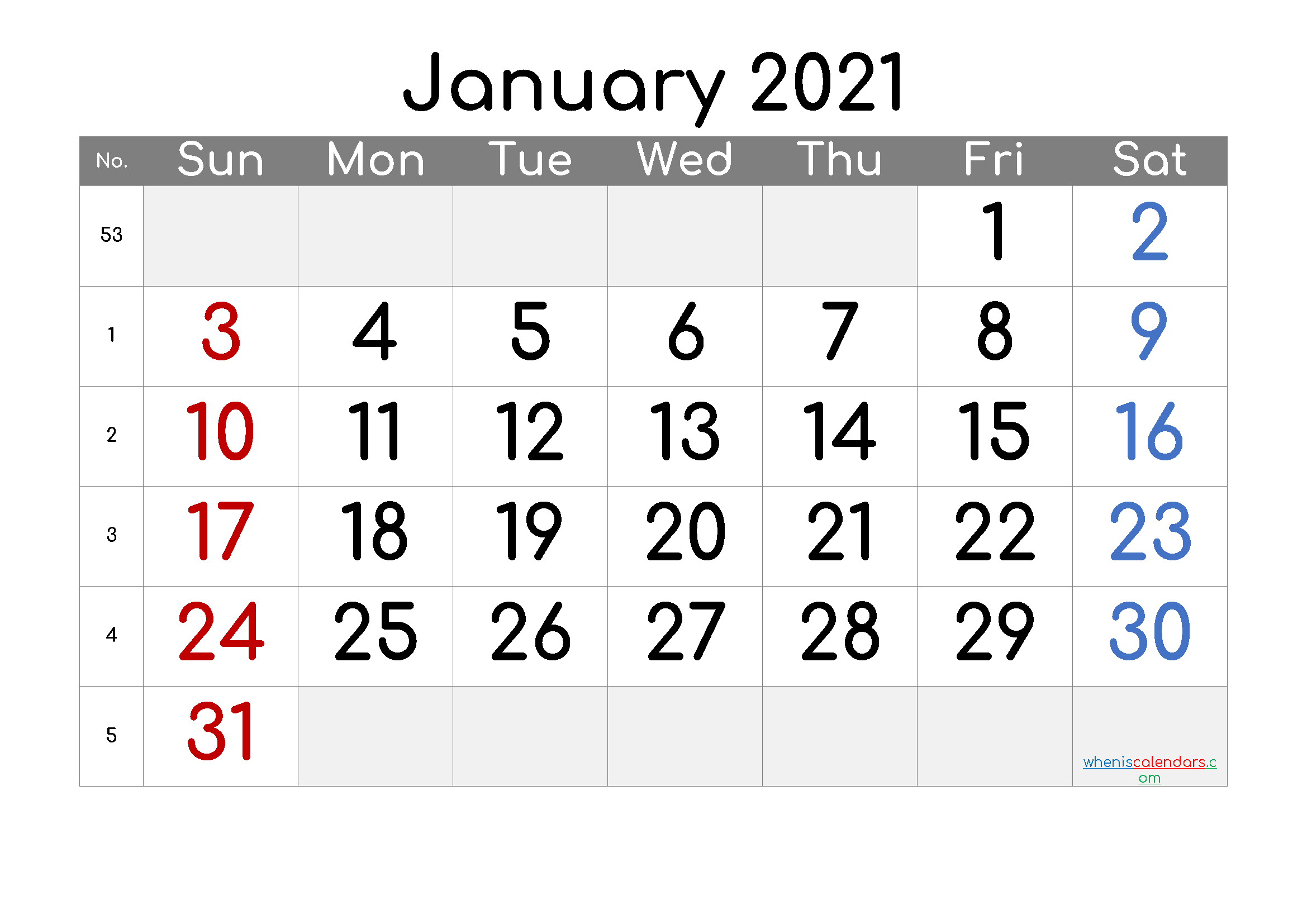 Free Editable January 2021 Calendar