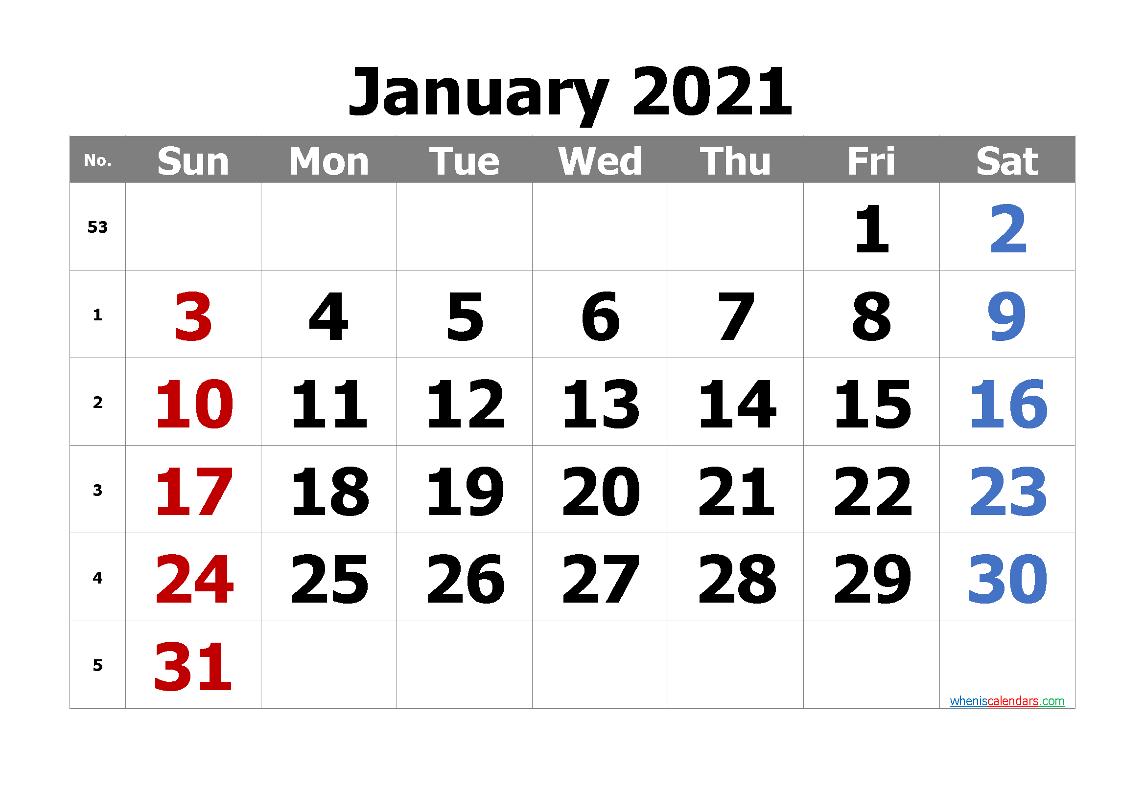 Calendar January 2021 Free Printable