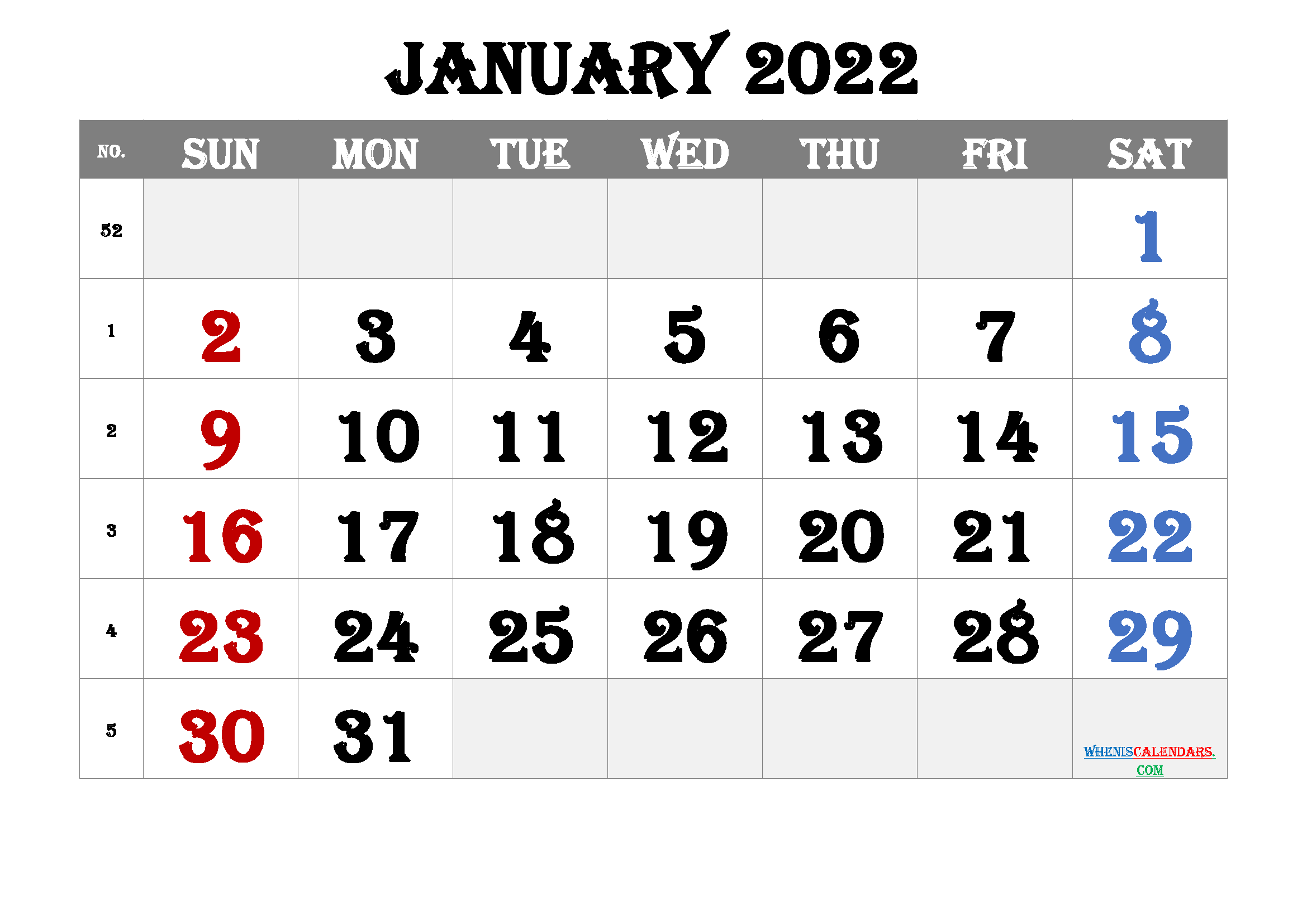 Free Printable 2022 Calendar January