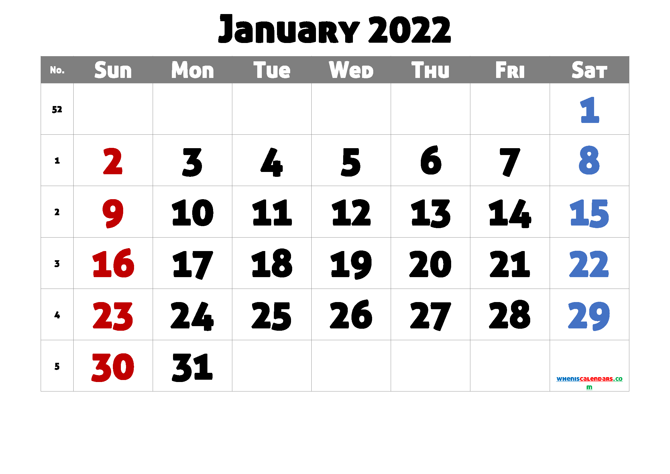 Free January 2022 Printable Calendar