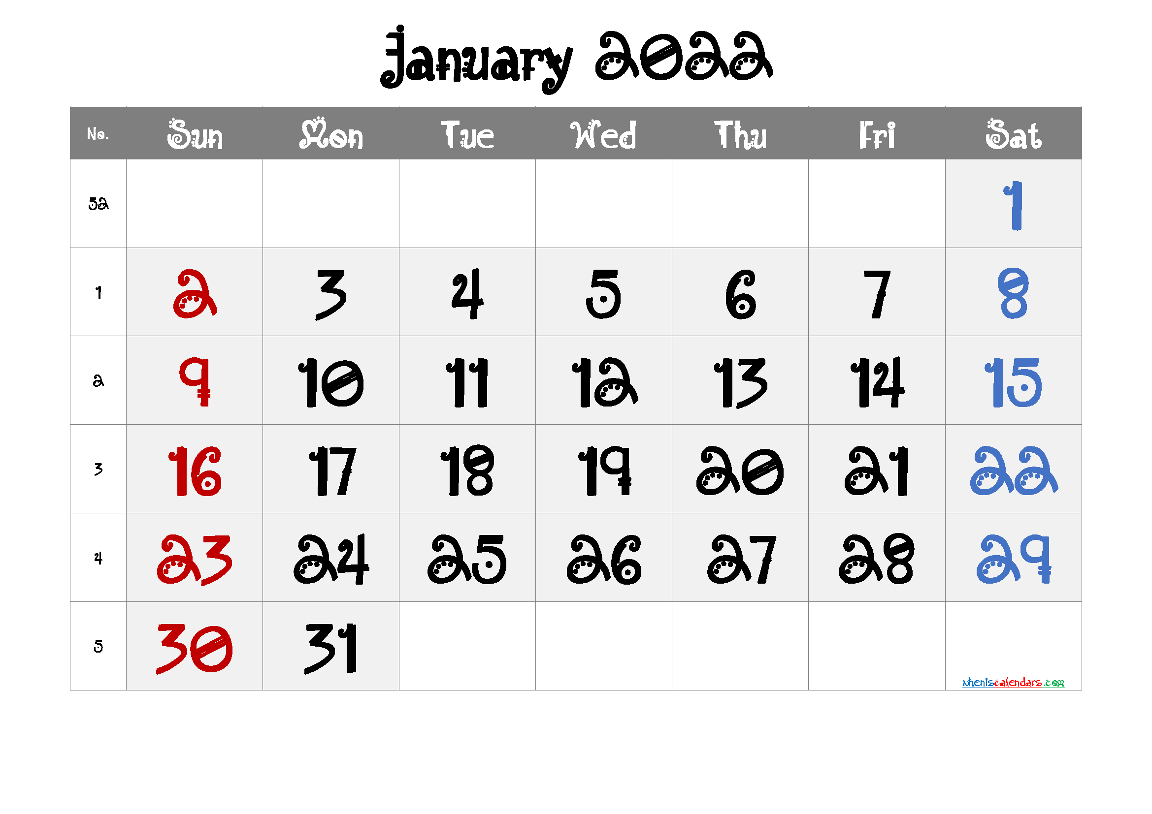 Free Printable Calendar 2022 January