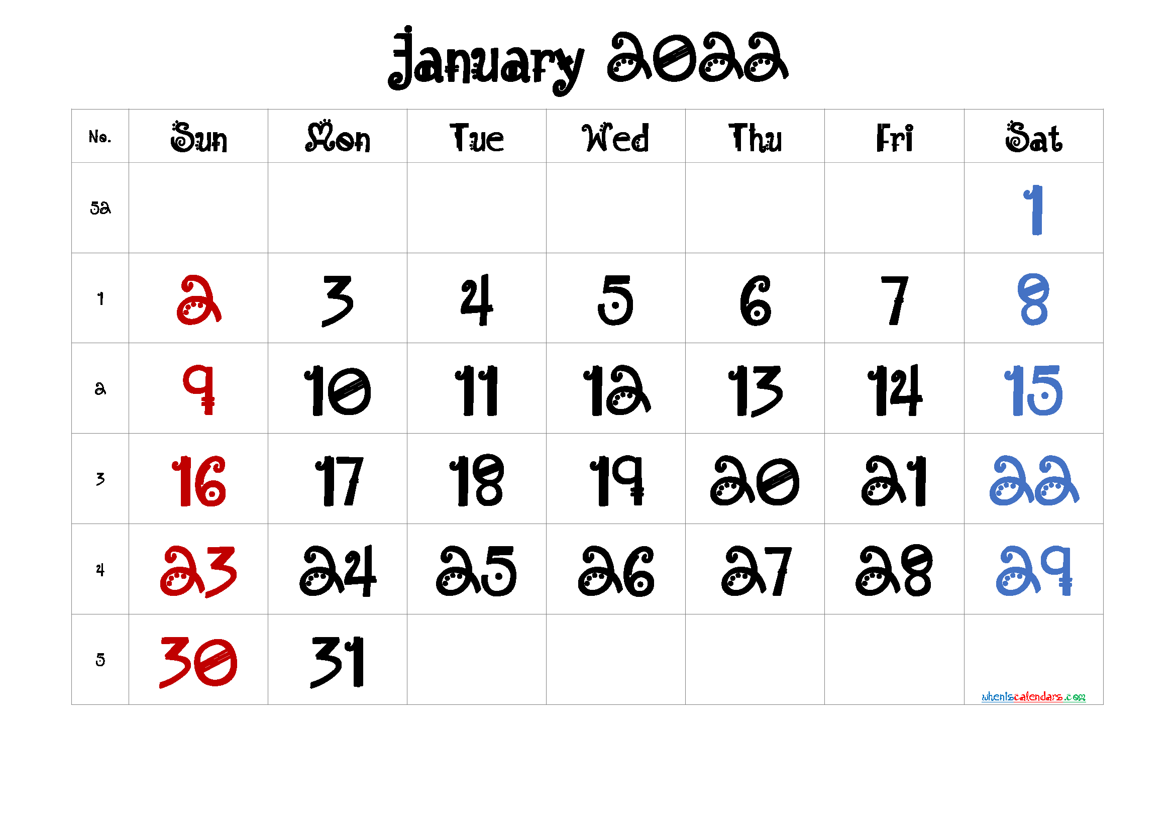 Free Cute January 2022 Calendar