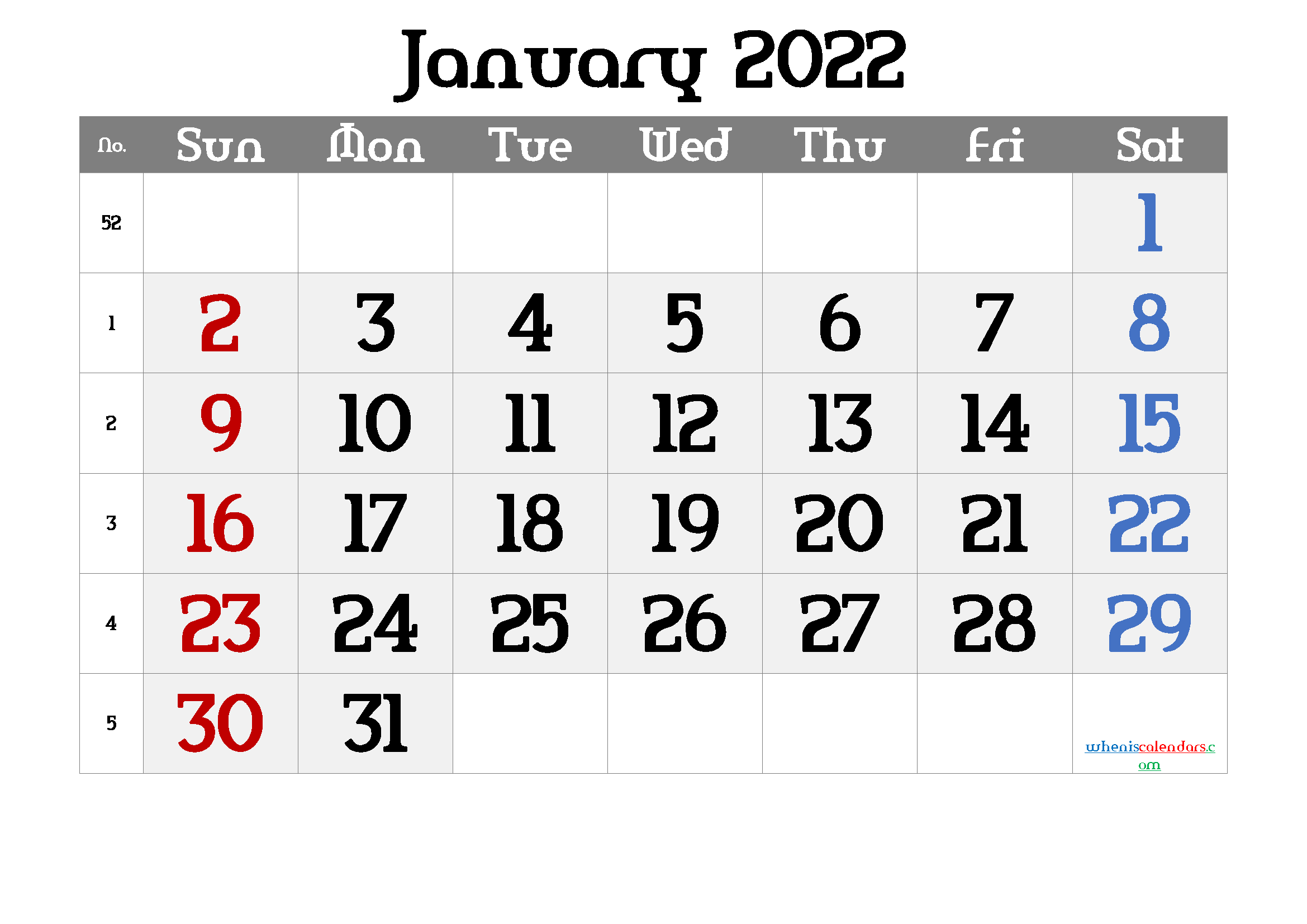 Free Printable January 2022 Weekly Calendar